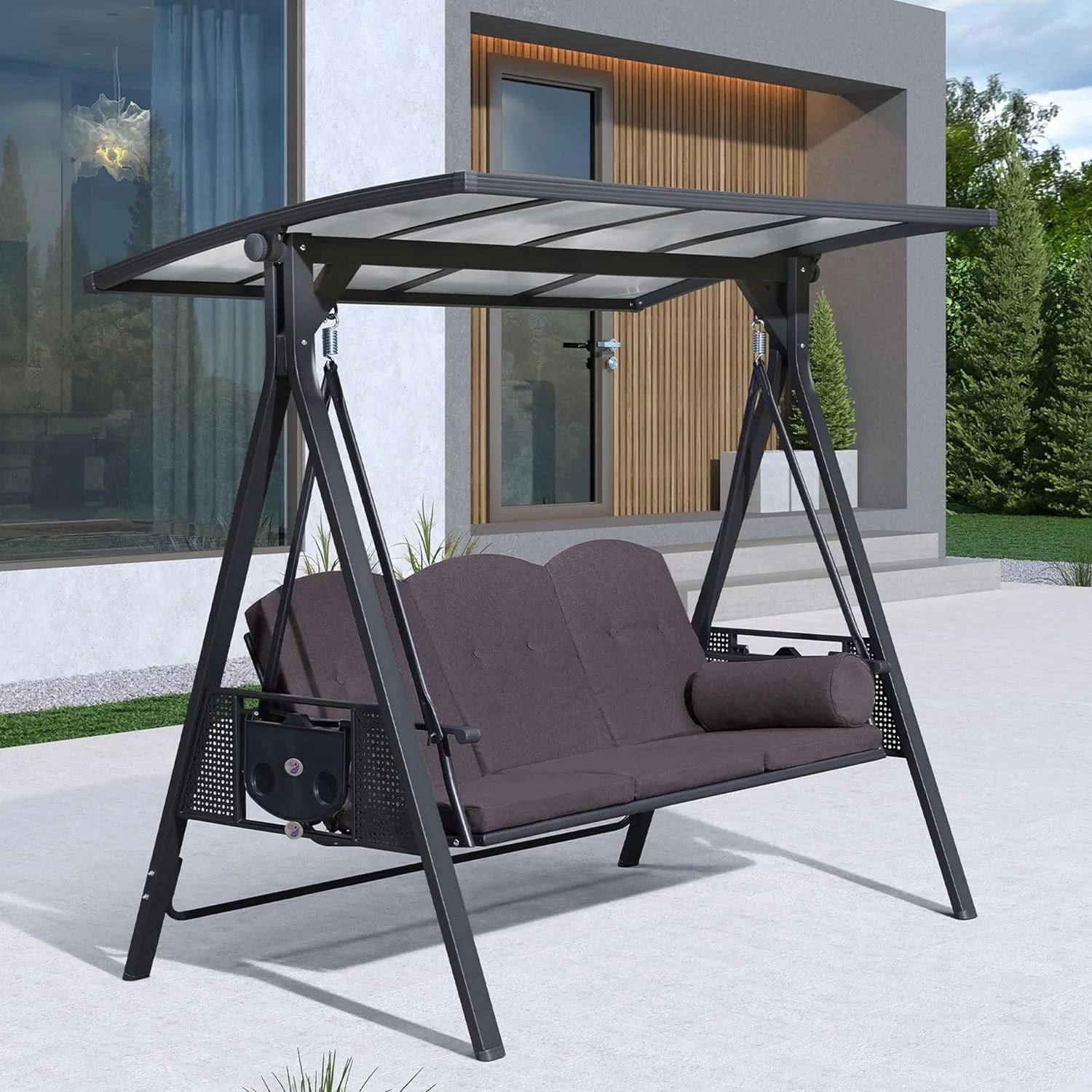 PURPLE LEAF Outdoor Patio Porch Swing with Adjustable PVC Canopy, 3-Seat Swing Chair Bench with Side Cup Holder for Backyard Front Porch Lawn, Cushions and Pillow Included, Grey