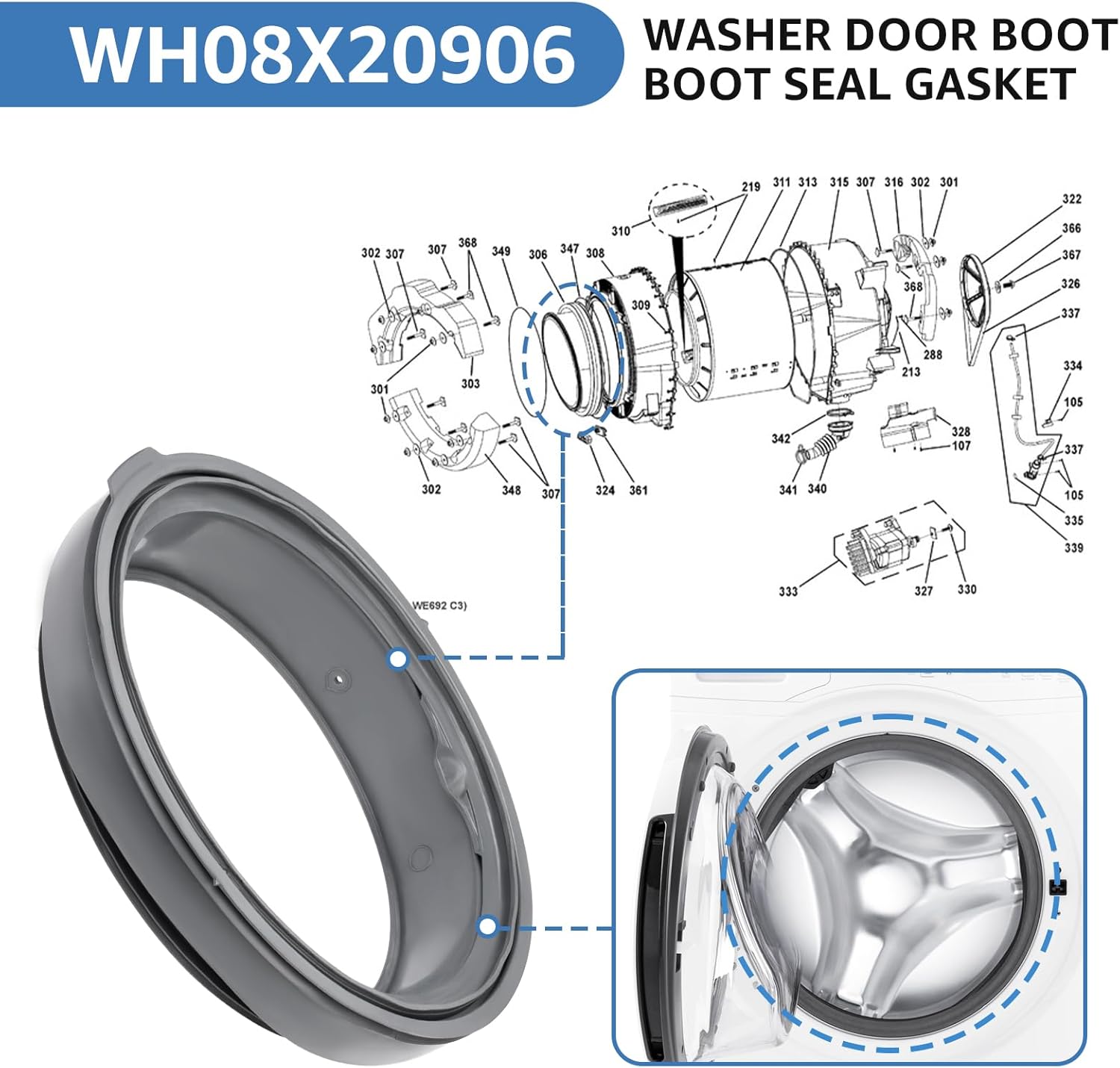 WH08X20906 Washer Door Boot Seal Gasket Compatible with GE Washer Machine Compatible Models GFW450SPK0DG GFW450SSK0WW GFWS1705H0DG GFWS1705H1DG GFWS1700H0WW GFWS1700H1WW etc Series.