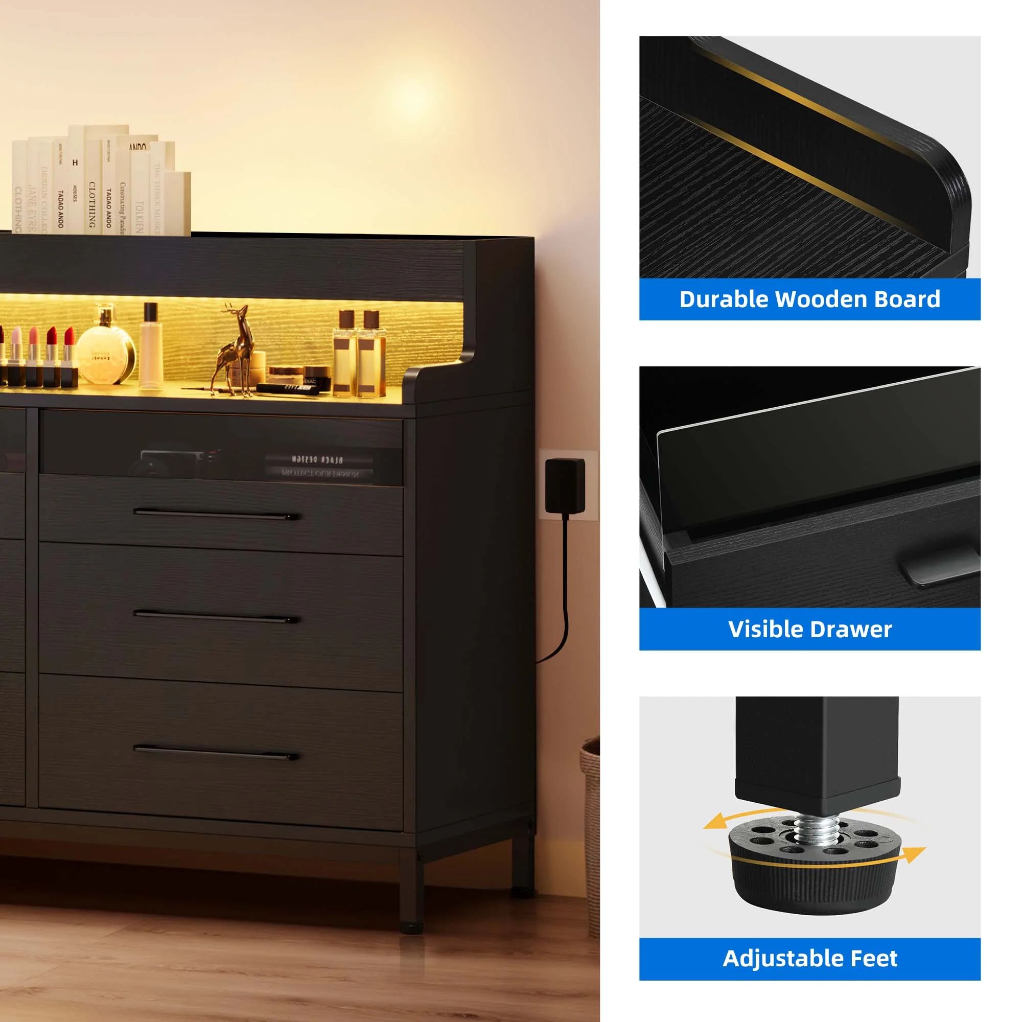 DWVO 6 Drawer Dresser for Bedroom, Double Dressers & Chests with LED Light & Open Storage, Modern Chest Organizer for Bedroom, Living Room, Entryway, Hallway, Black