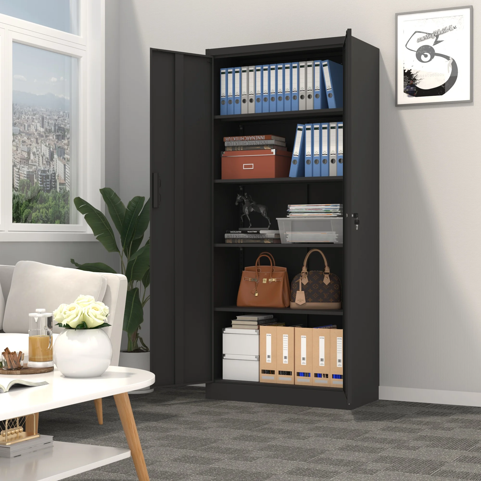 BCBYou Metal Garage Storage with 2 Doors and 4 Adjustable Shelves,71" Lockable Tall Steel Cabinet Black - Curated Treasures Market