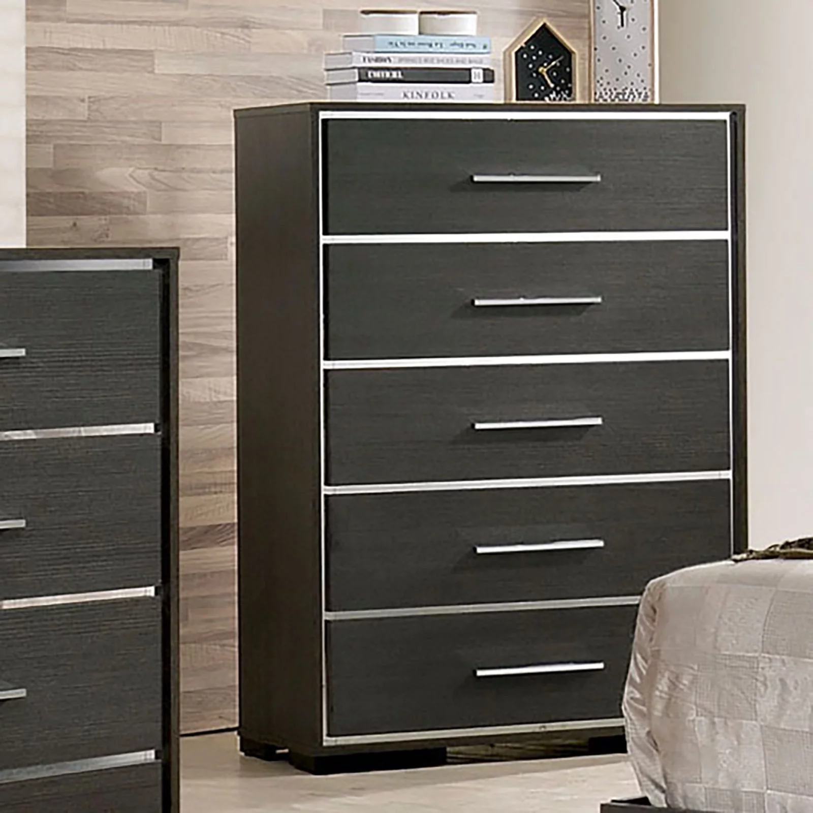 Contemporary 6pc Bedroom Set Est King Size Bed Dresser Chest Mirror Nightstands w USB Shelf LED Headboard Home Relax Furniture