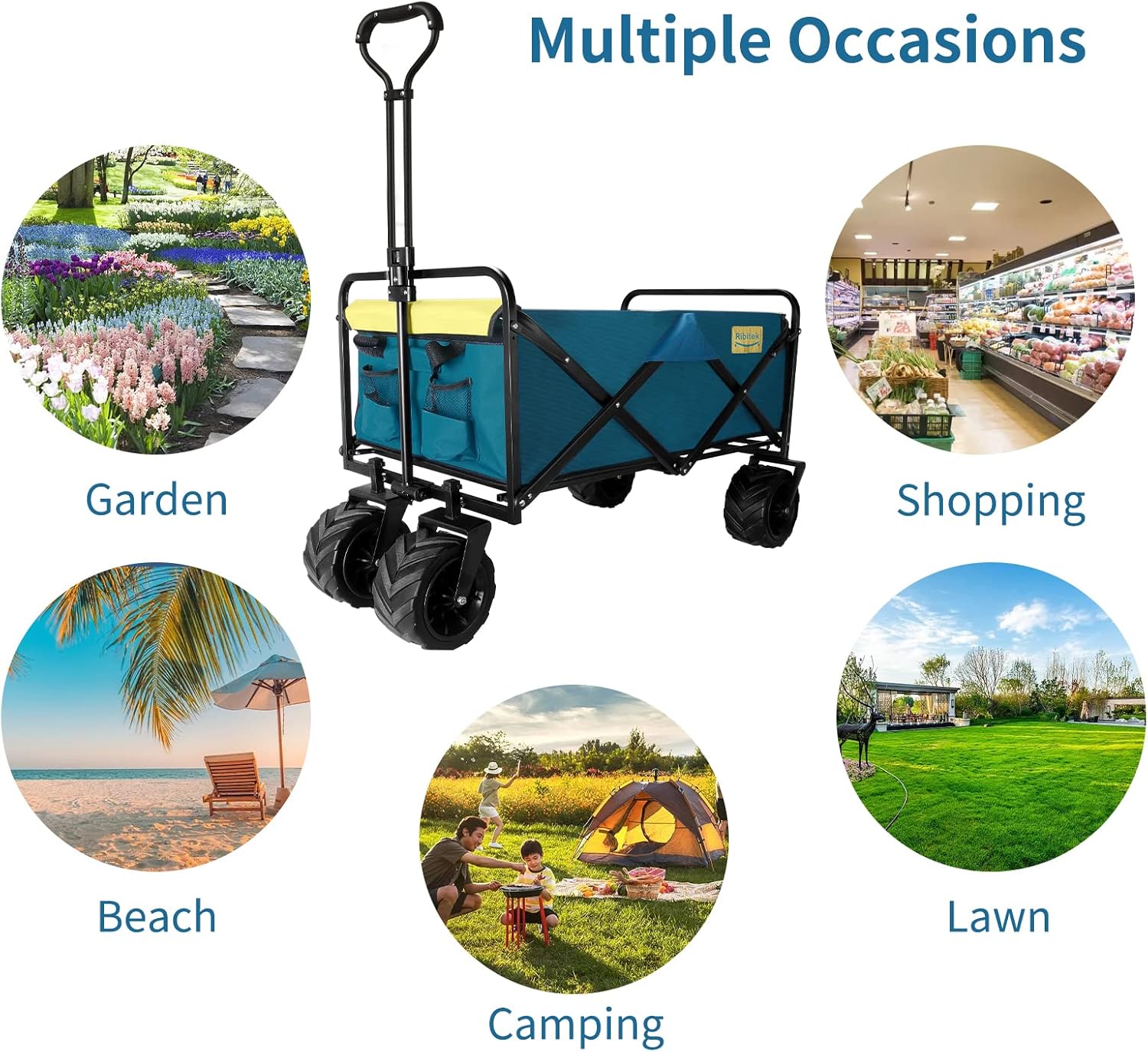 Collapsible Folding Wagon Beach Carts with Big Wheels for Sand, All-Terrain Beach Wagon with Universal Wheels, Adjustable Handle & Drink Holders for Camping, Sports, Shopping