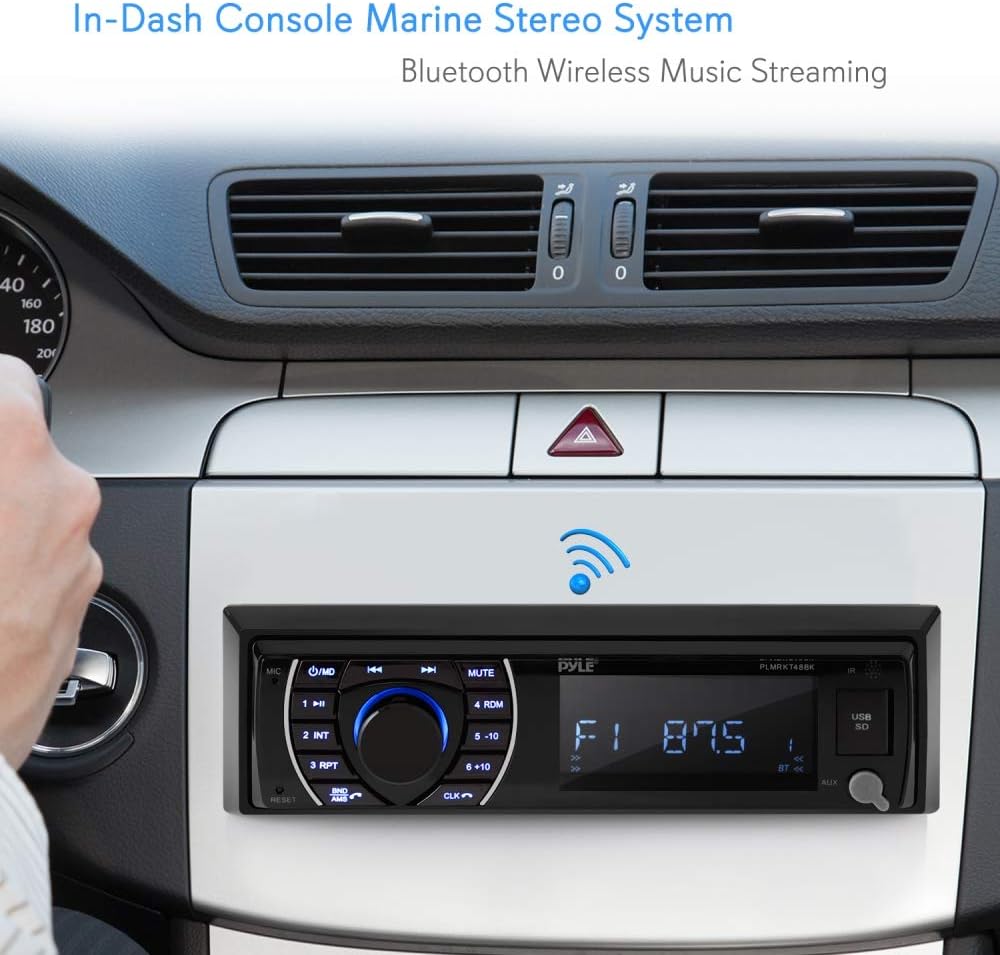 Marine Head Unit Receiver Speaker Kit - In-Dash LCD Digital Stereo Built-in Bluetooth & Microphone w/ AM FM Radio System 6.5’’ Waterproof Speakers (4) MP3/SD Readers & Remote Control - Pyle PLMRKT48BK