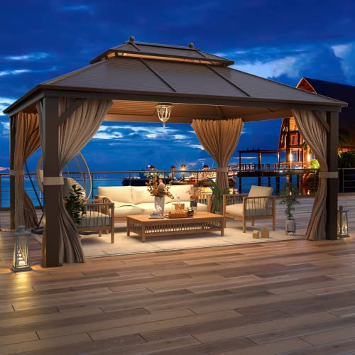 YOLENY 10' x 12' Hardtop Gazebo, Wood-Looking Gazebo with Galvanized Steel Double Roof, Aluminum Frame, Permanent Metal Pavilion with Netting and Curtains for Deck, Backyard, Patio and Lawns