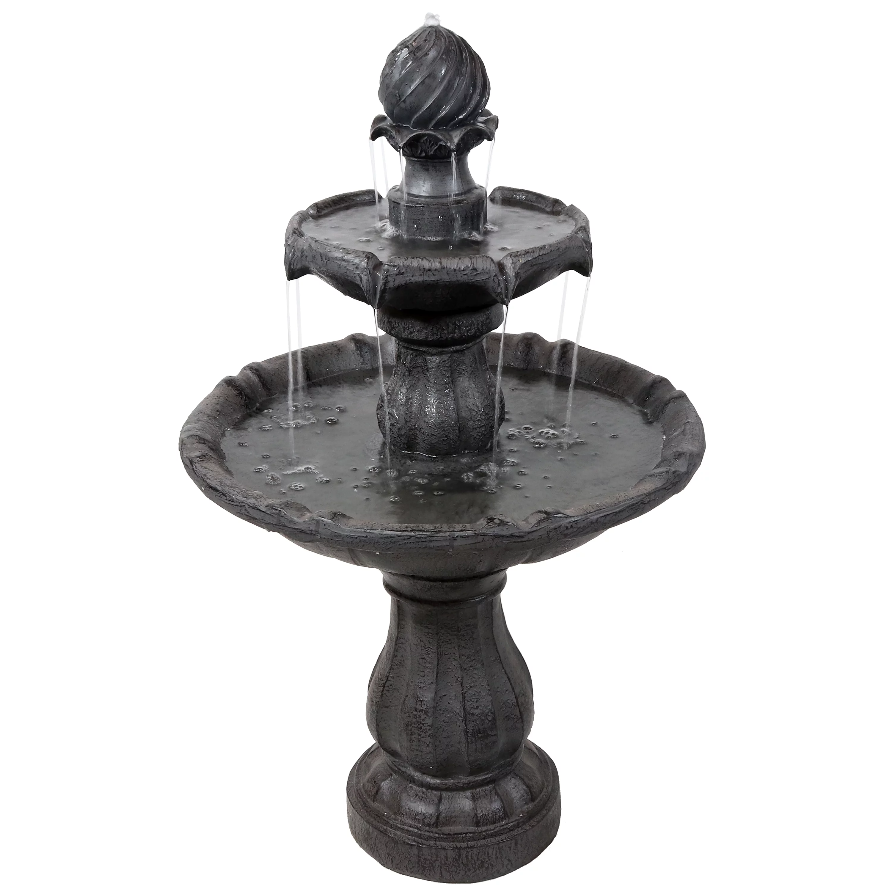 Sunnydaze 2-Tier Solar Outdoor Water Fountain with Battery Backup - Black Finish - 35" H