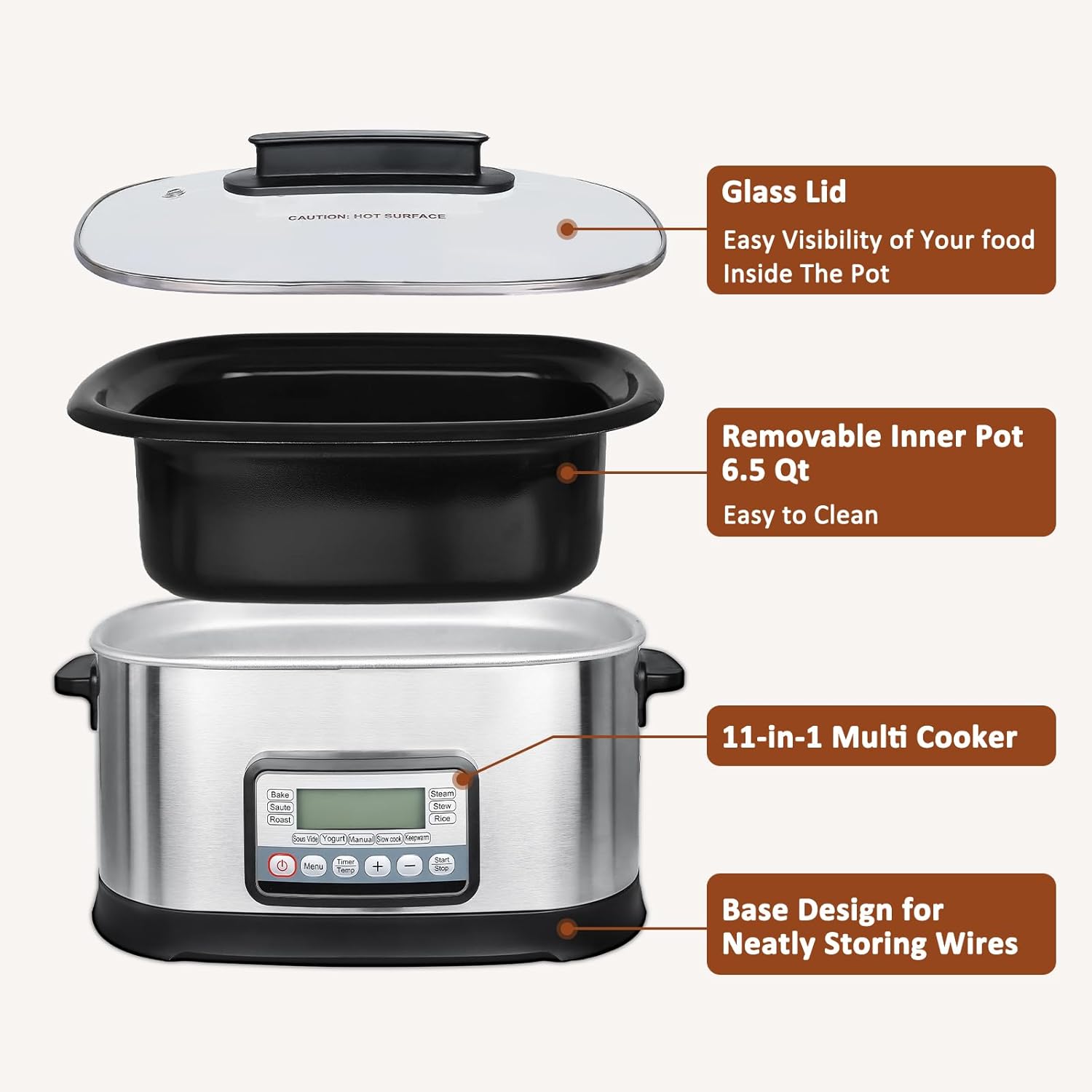 6.5Qt 11-in-1 Multi Cooker, Digital Programmable Slow Cooker, Sous Vide, Rice Cooker, 1500W Timer&Temp Control,Dishwasher Safe Lid&Nonstick Inner Pot