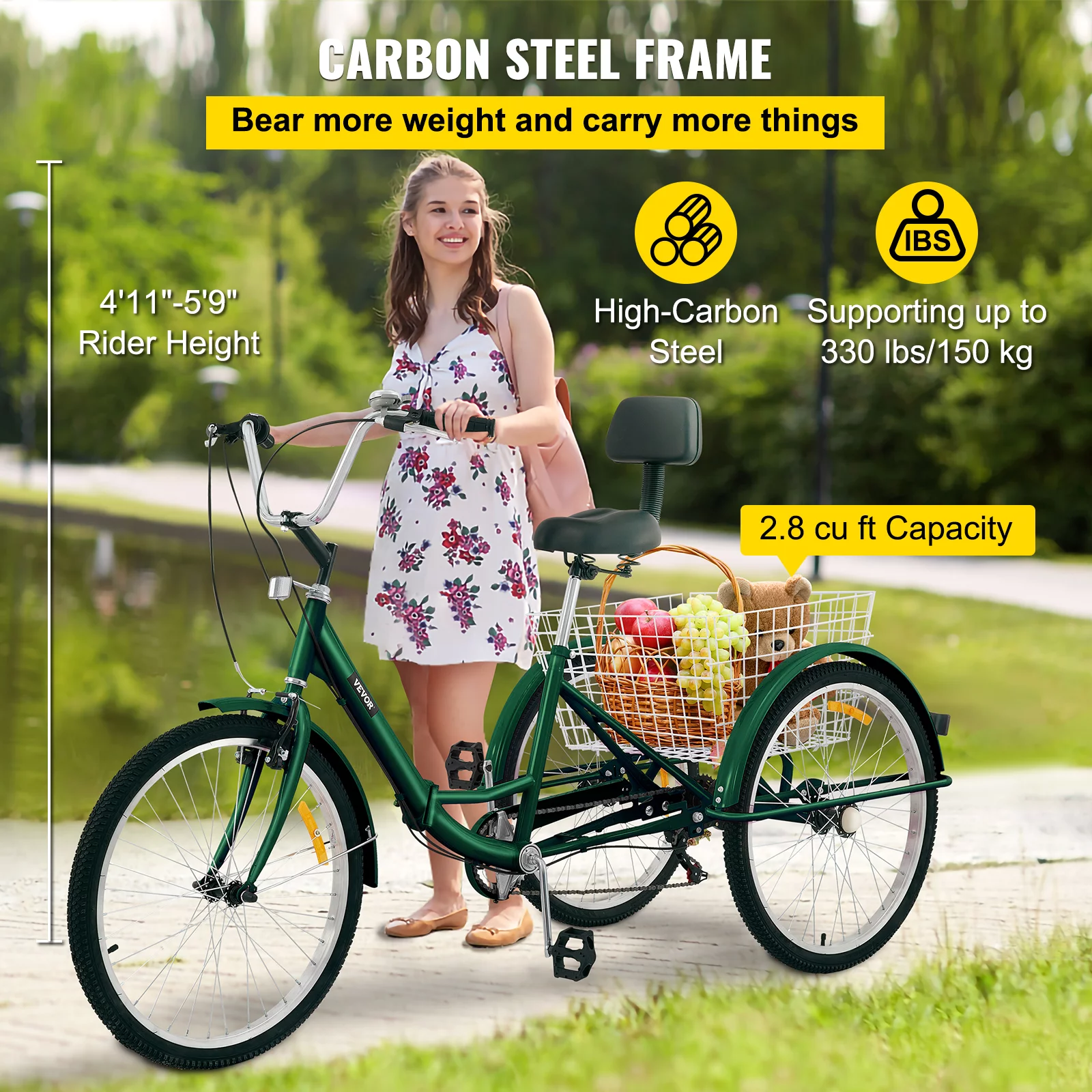 VEVOR Foldable Adult Tricycle 24" Wheels,7-Speed 3 Wheels Trike for Exercise Shopping Picnic Outdoor Activities, Green