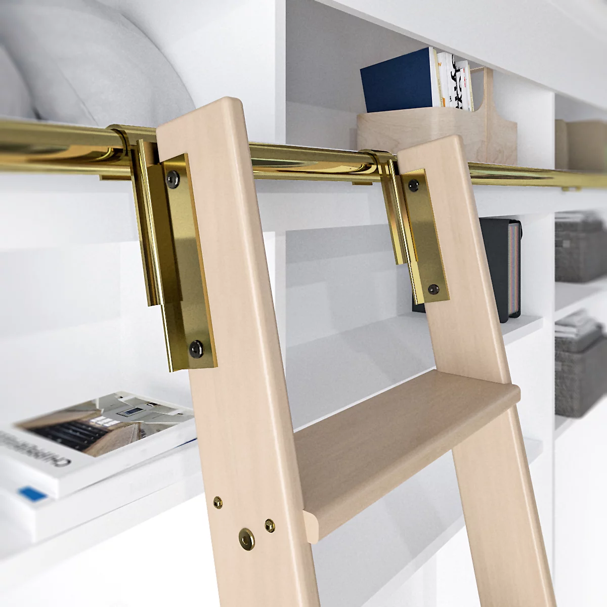 92 in. Un-Finished Maple Library Ladder Polished Brass Sliding Hook Ladder Kit with 8 ft. Rail