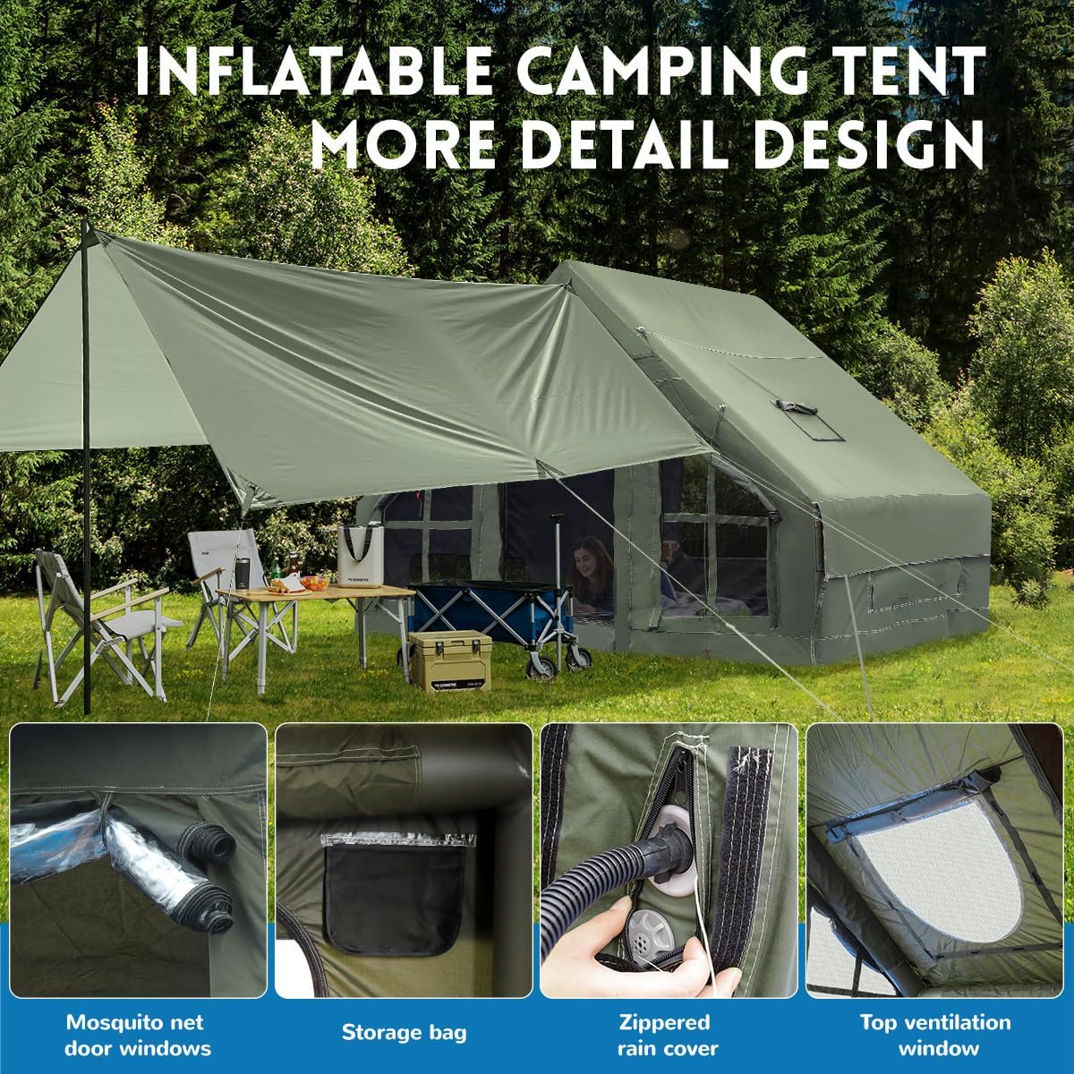 Inflatable Camping Tent with Pump, 4 Season Inflatable Tents for Camping,Inflatable Tent Waterproof Easy Setup Glamping Tent