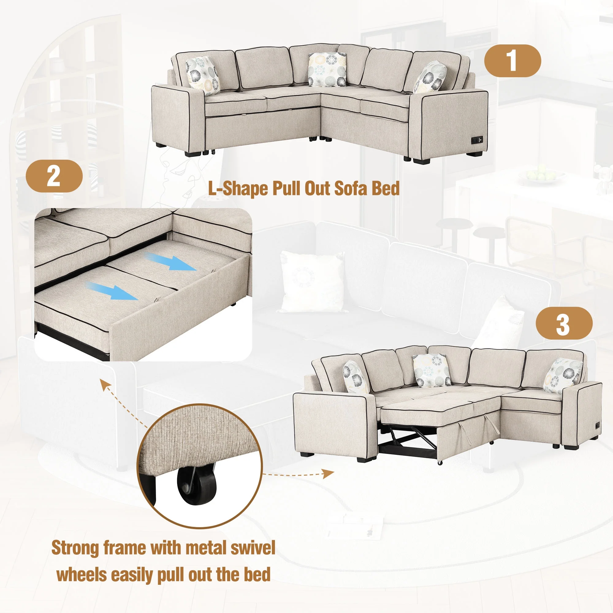 Euroco 5 Seat Pull Out Sofa Bed L-Shaped Sofa with 2 USB Ports, Sockets, Pillows, 83" Convertible Sleeper Sofa for Living Room, Bedroom, Office, Cream