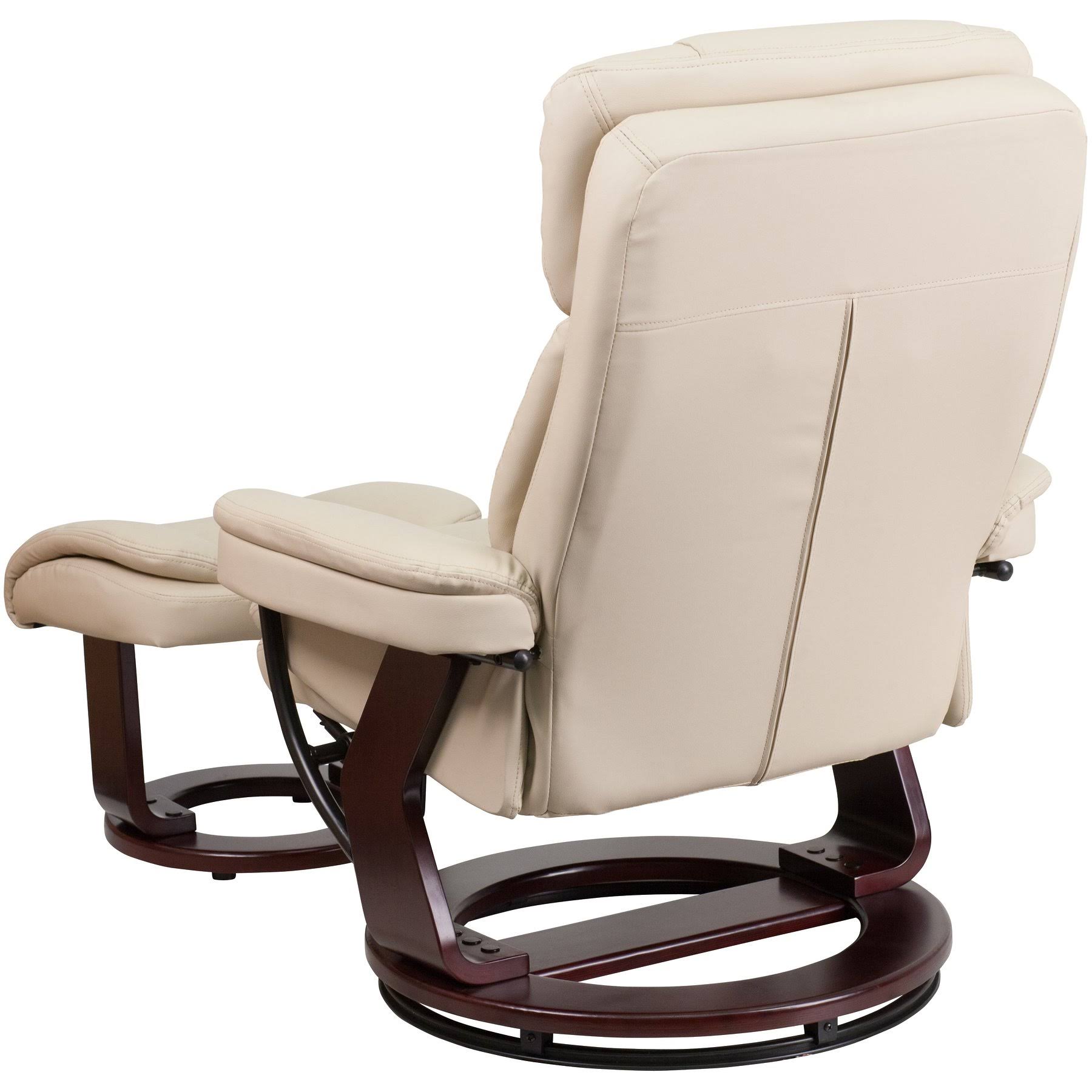 Flash Furniture Contemporary Multi Position Recliner And Curved Ottoman With Swivel Mahogany Wood Base - Beige
