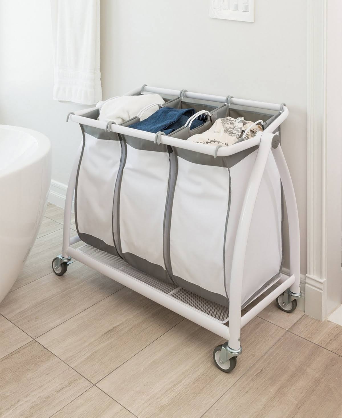 Seville Classics Premium 3-Bag Heavy-Duty Tilt Laundry Hamper Sorter Cart