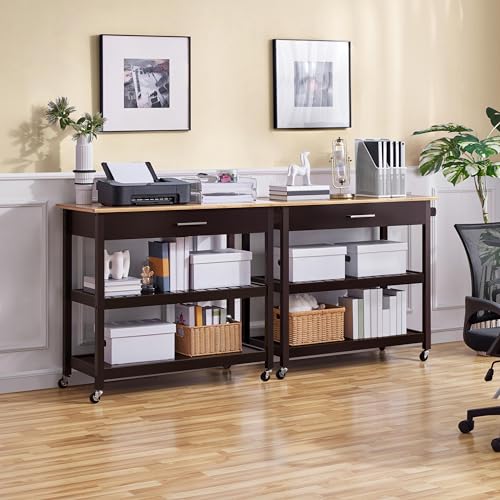 Topeakmart Kitchen Island Cart on Wheels, Rolling Microwave Cart with Storage Drawer Towel Rack Lower Shelf Natural Wood Countertop Stand