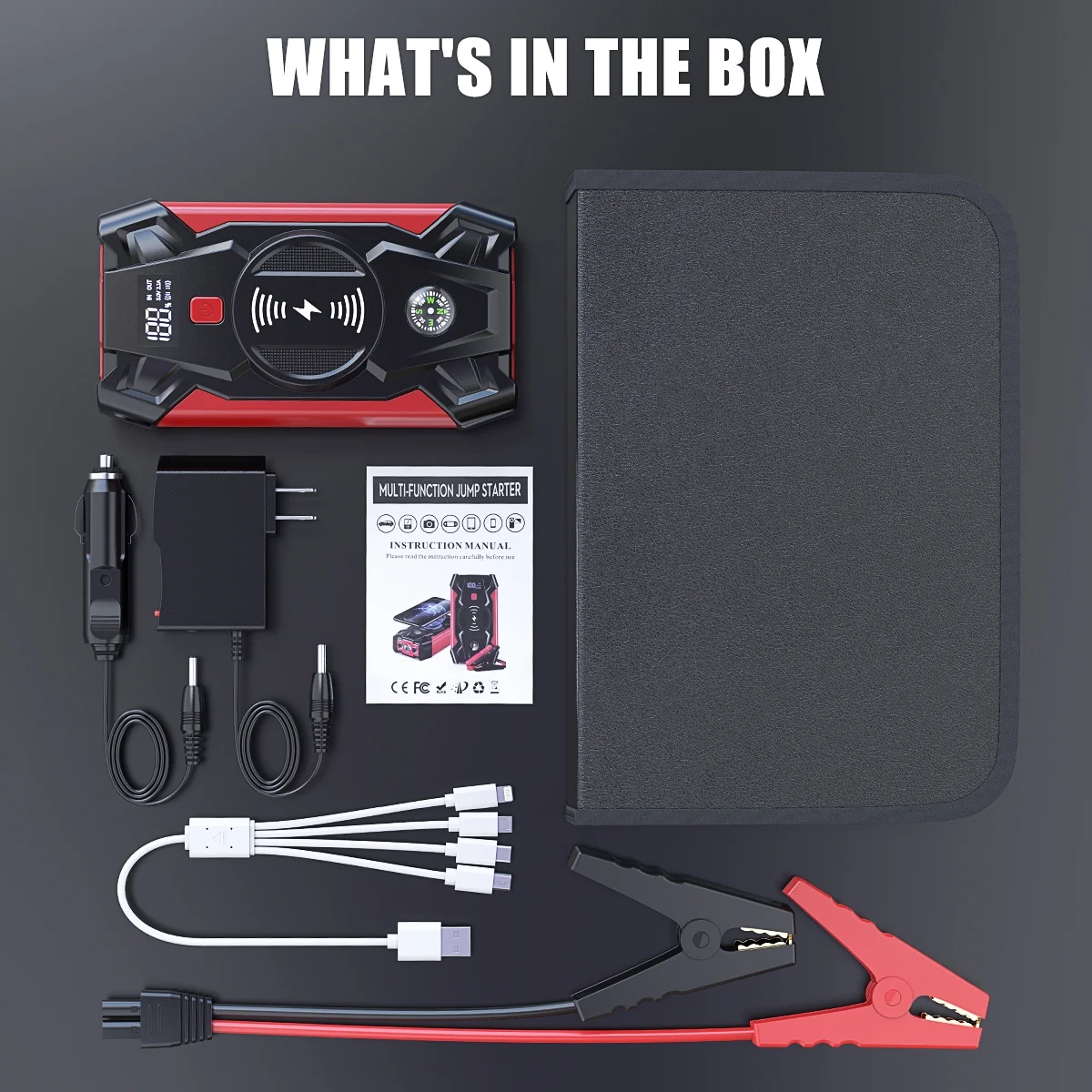 Car Jump Starter w/Wireless Changing, 4000A Peak 39800mAH Battery Jump Starter(Up to 8.0L Gas or 6.5L Diesel), 12V Auto Battery Booster w/ LCD Display & 4 LED Modes, Portable Power Bank Charger&QC 3.0