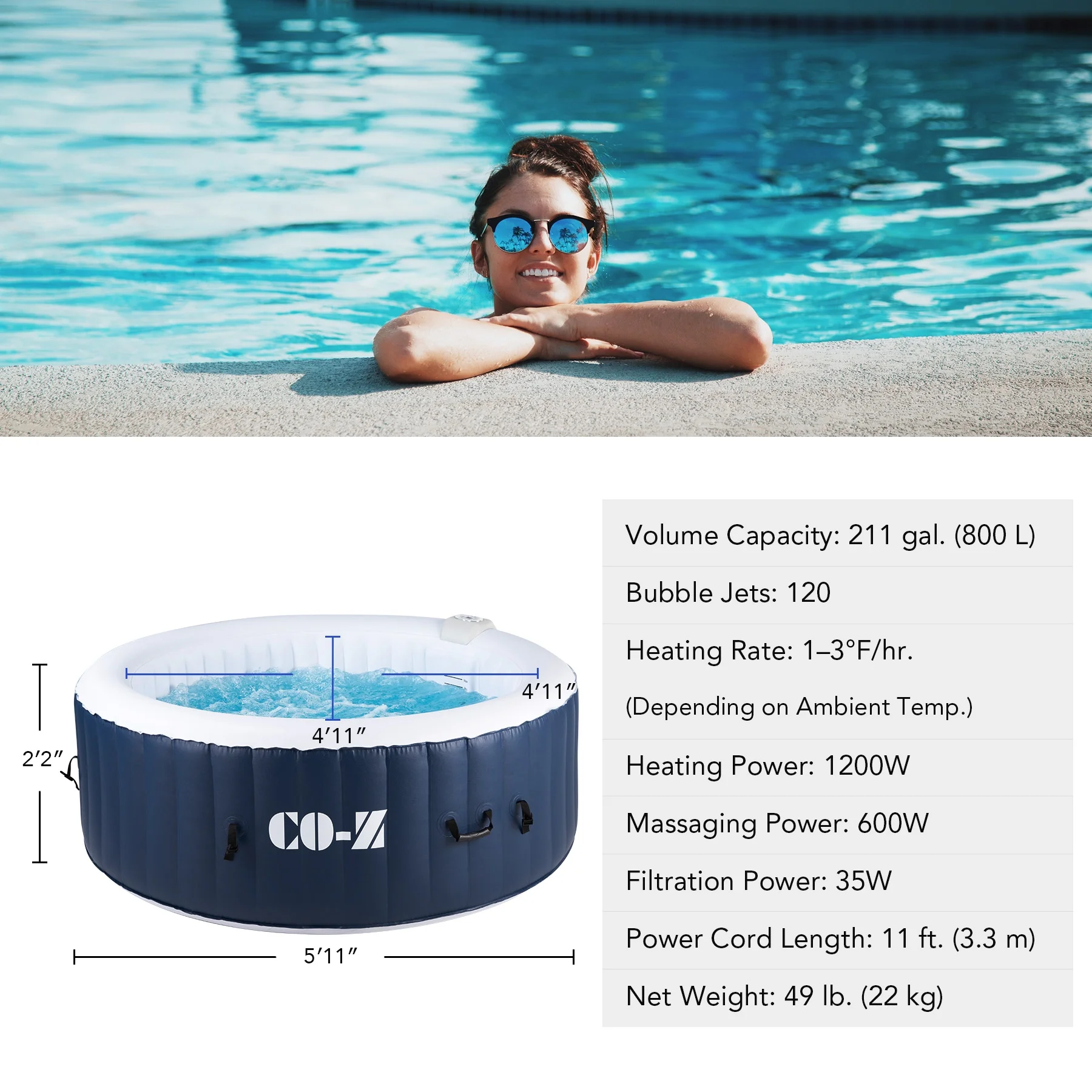 CO-Z 6x6ft PVC Inflatable Spa Tub with 120 Massaging Jets for Patio & More for 2-4 Blue