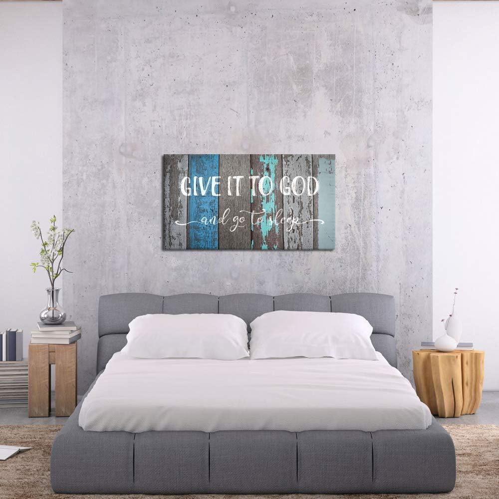 sechars Bedroom Quotes Wall Decor Give It To God And Go To Sleep Sign Canvas Prints Framed and Stretched Rustic Wood Textured Background Home Bedroom Decoration Easy to Hang 20x36inch
