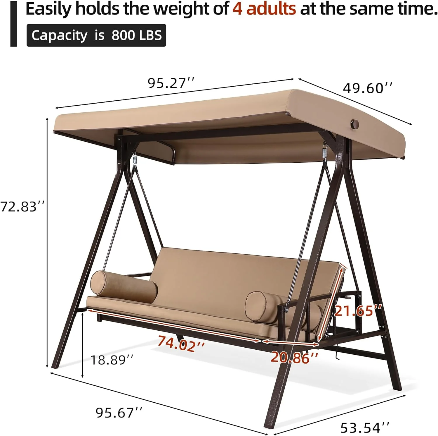 PURPLE LEAF Outdoor Patio Porch Swing Adjustable Backrest, 3-Seat Swing Chair with Weather Resistant Steel Frame for Backyard Front Porch Lawn, Cushion and Pillows Included, Beige