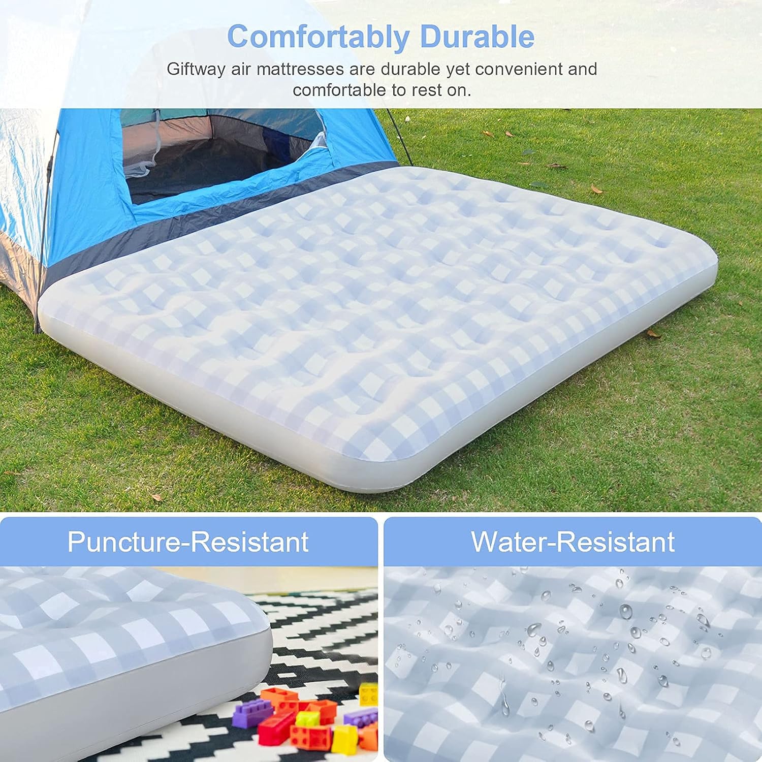 Giftway Queen Air Mattress Air Bed - Upgraded Inflatable Air Mattresses with Flocked Top Waterproof Cover Repair Kit -Foldable Blow Up Bed for Camping/Home/Guest/Travel - Housewarming Gifts for Family
