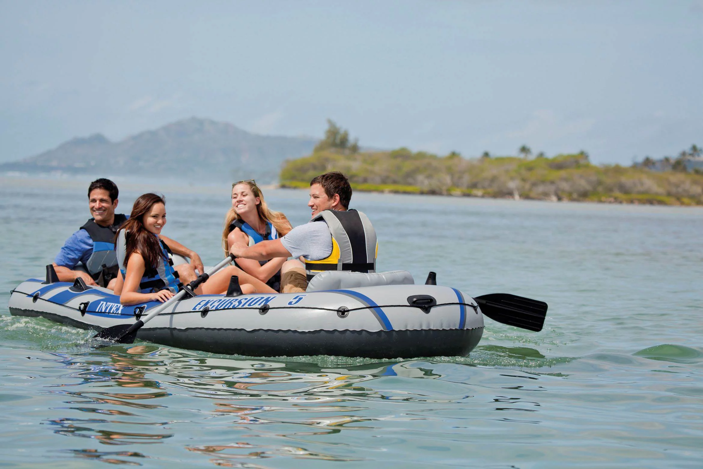 Intex Excursion 5 Inflatable Boat Set & 2 Transom Mount 8 Speed Trolling Motors