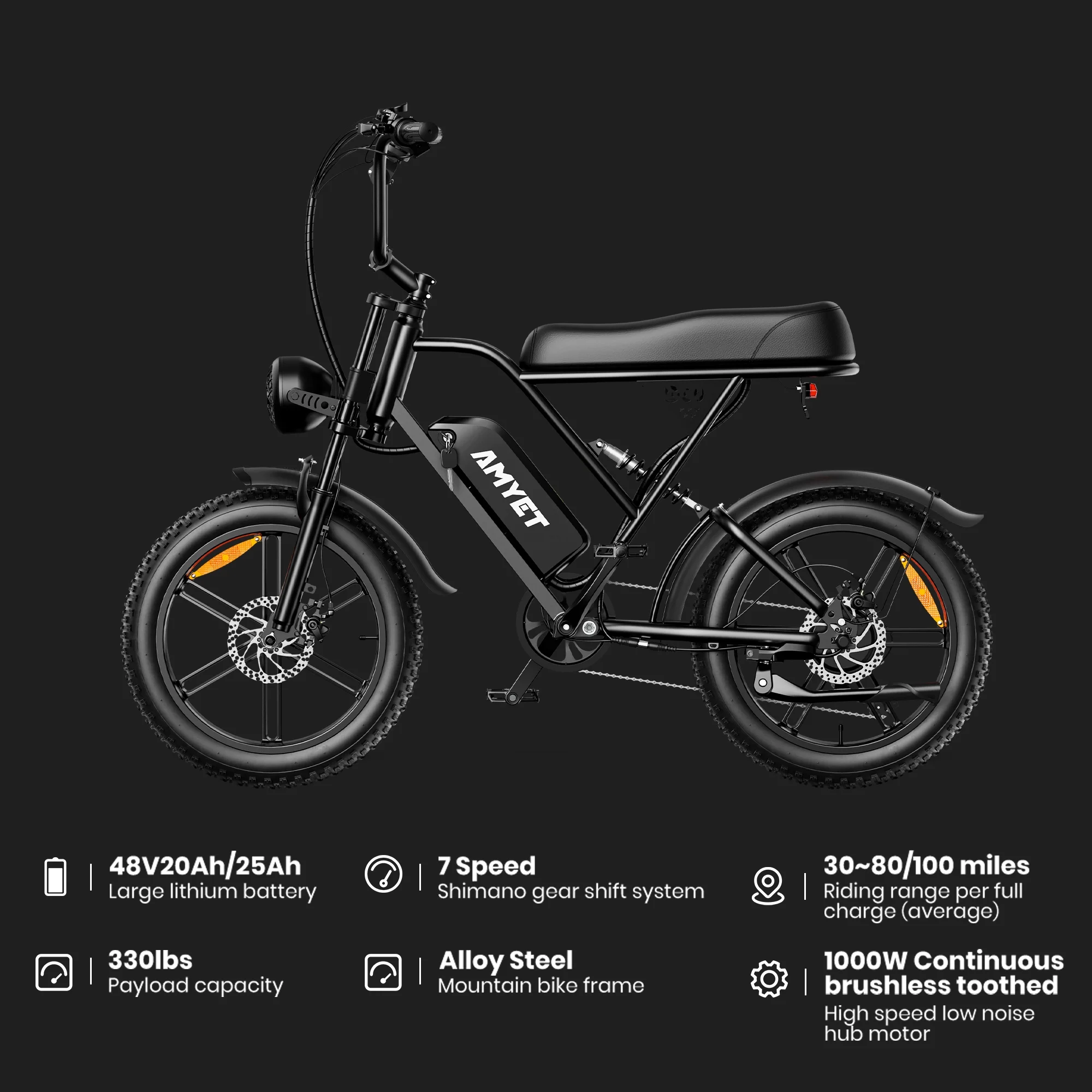 AMYET G60 Electric Bike for Adults,750W Ebike with 48V20Ah Removable Battery,20MPH &70 Miles 7 Speed Gears,20" Fat Tire Electric Bike,Dual Shock Absorber,Adults Electric Bicycle for Men