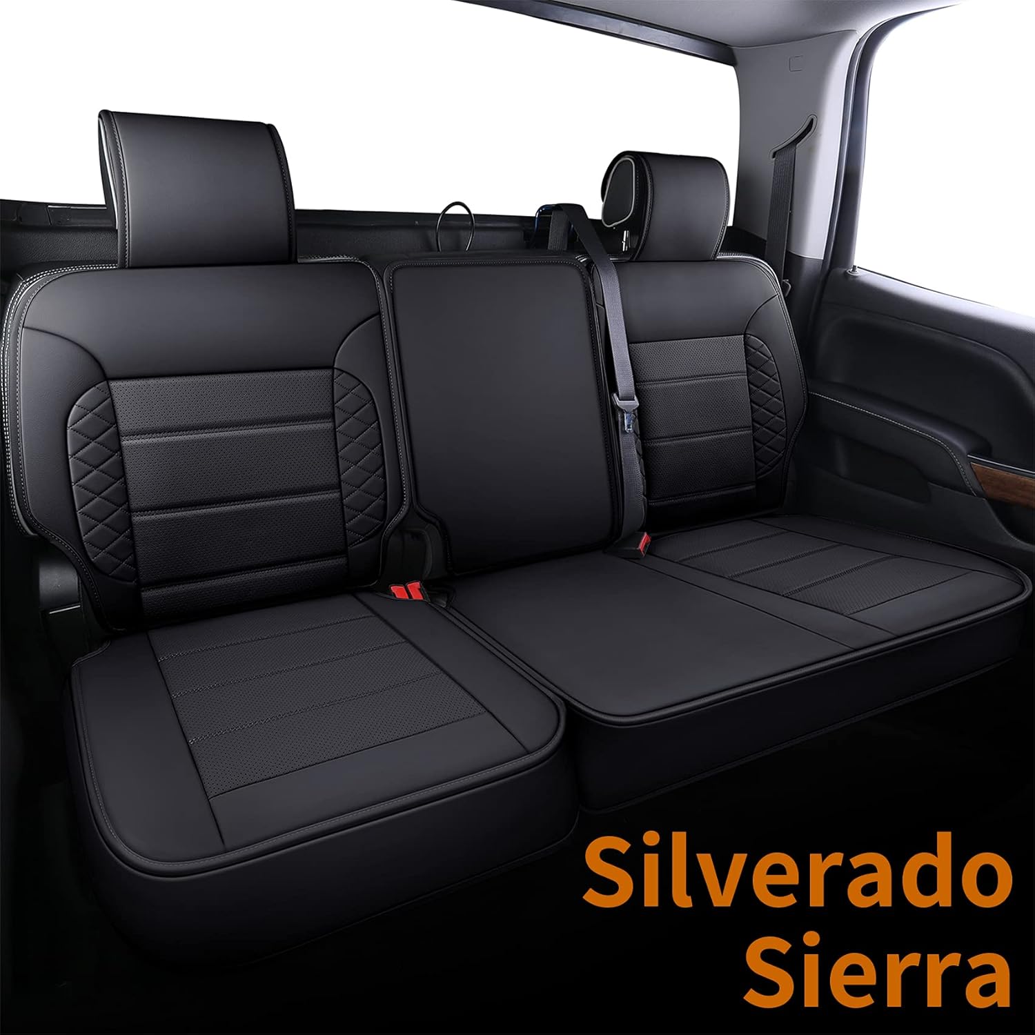 LUCKYMAN CLUB D04-S2-2 Seat Covers, Fit for 2019-2022 Chevy Silverado GMC Sierra 1500 and 2020-2022 2500HD 3500HD Crew Cab Water Proof Faux Leather with Center Console Cover(Full Set, Gray)