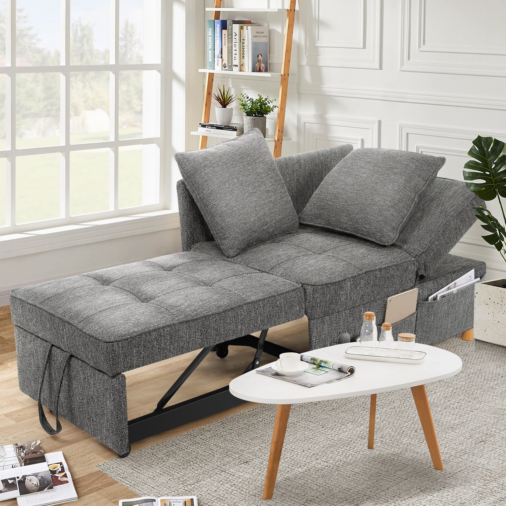 SEJOV Linen Sofa Beds Chair, 4 in 1 Convertible Chair Sleeper Bed with 5 Adjustable Backrest and 2 Pillows, Dark Gray
