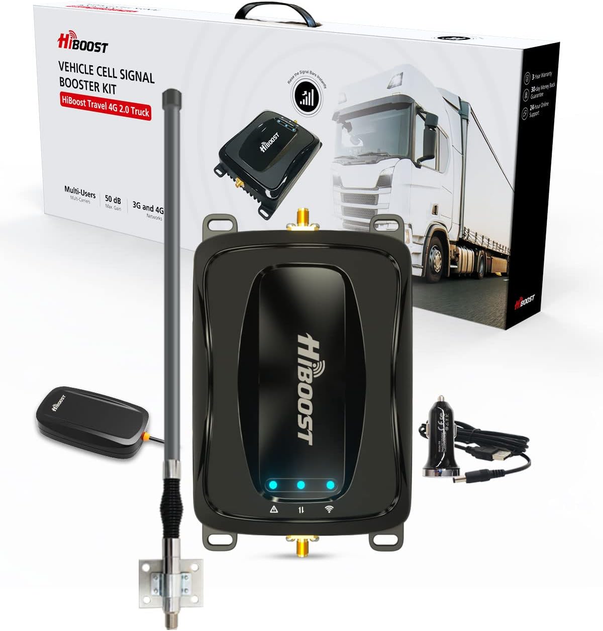 HiBoost Vehicle Cell Phone Signal Booster for Car, SUV, Van. APP fine Tune MAX gain. Car Cell Phone Booster for All U.S. Carriers-Verizon AT&T T-Mobile Sprint & More, FCC Approved
