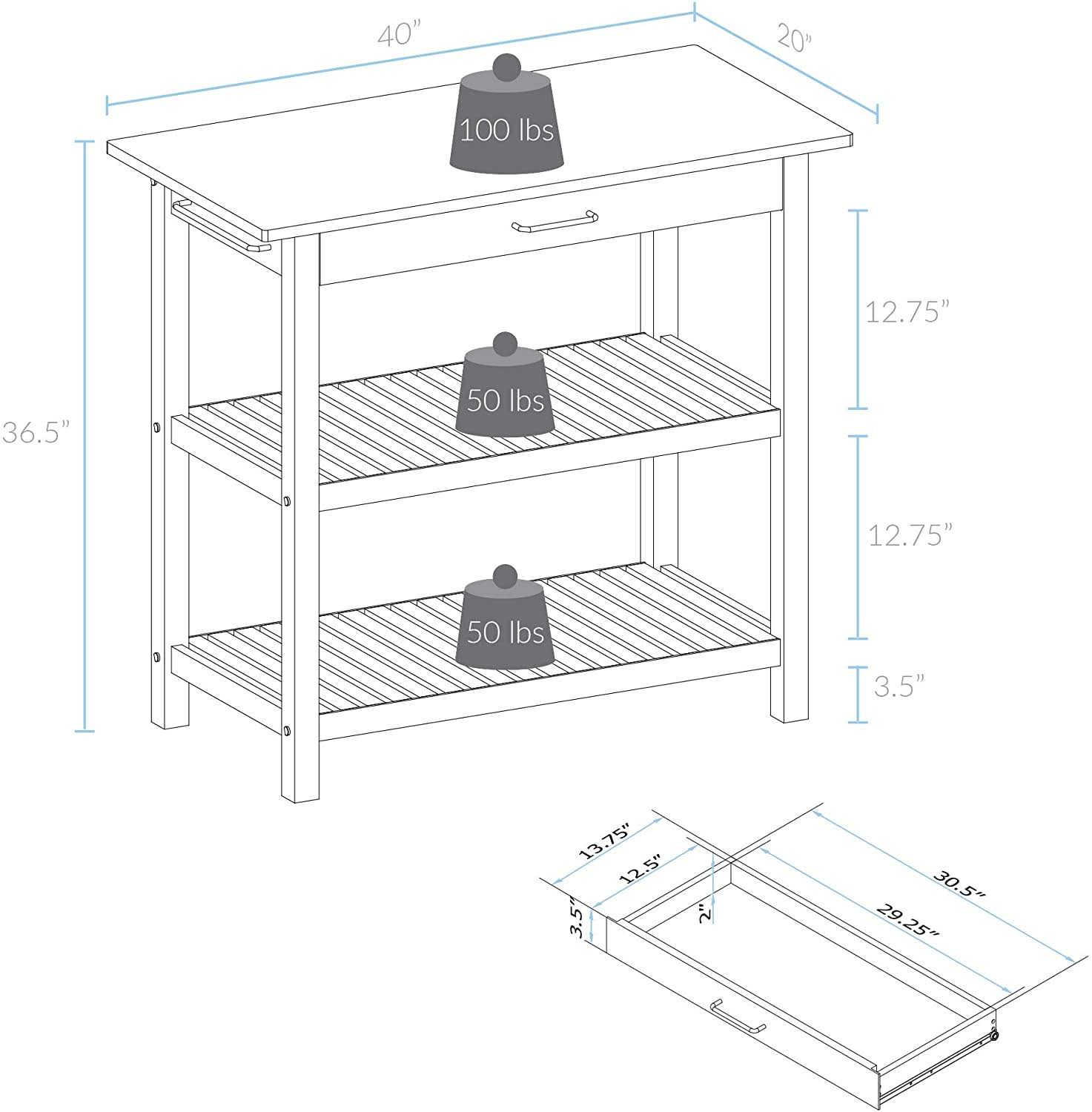Kitchen Island with Solid American Hardwood Top, Natural/White, 40x22