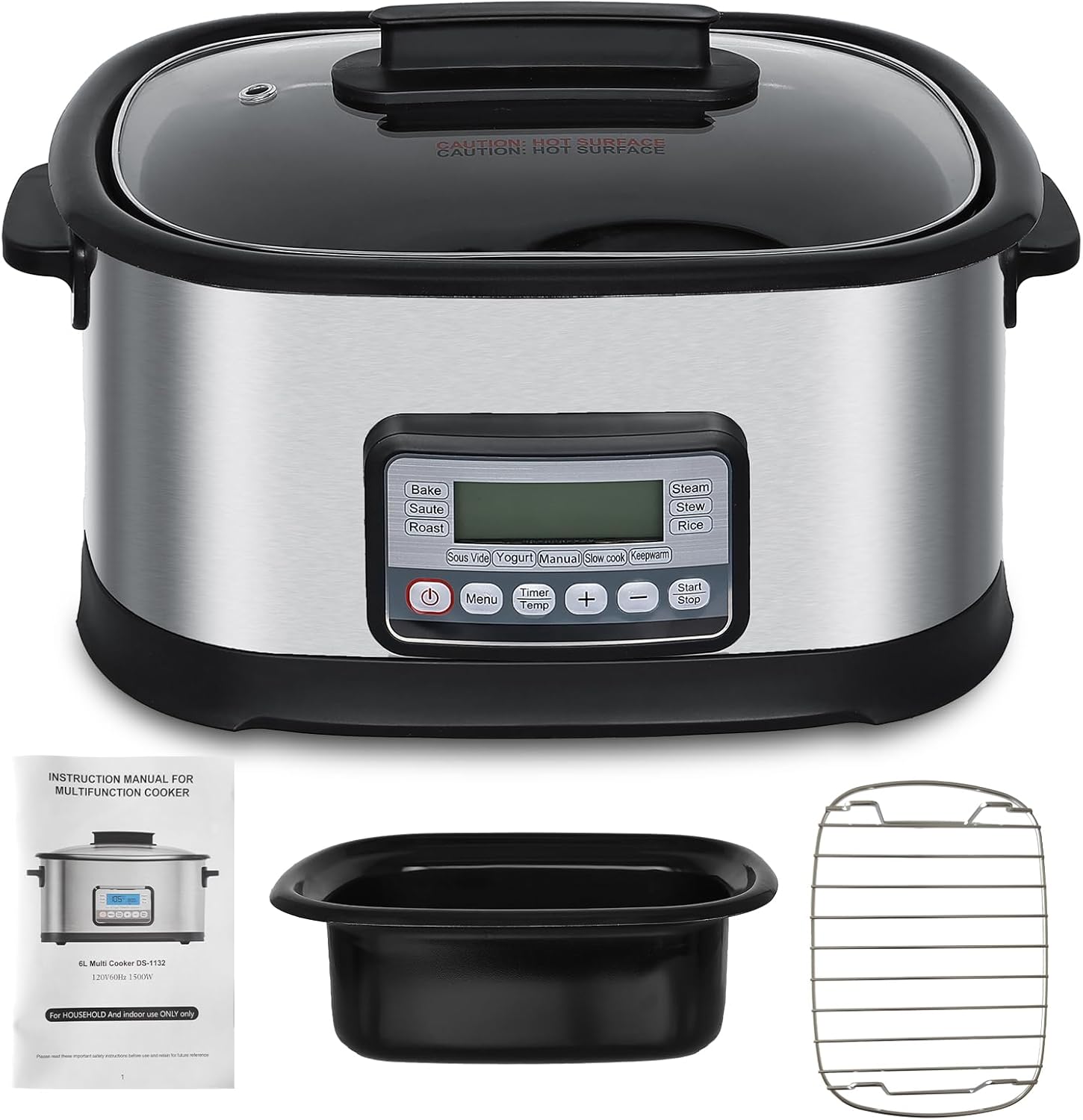 6.5Qt 11-in-1 Multi Cooker, Digital Programmable Slow Cooker, Sous Vide, Rice Cooker, 1500W Timer&Temp Control,Dishwasher Safe Lid&Nonstick Inner Pot
