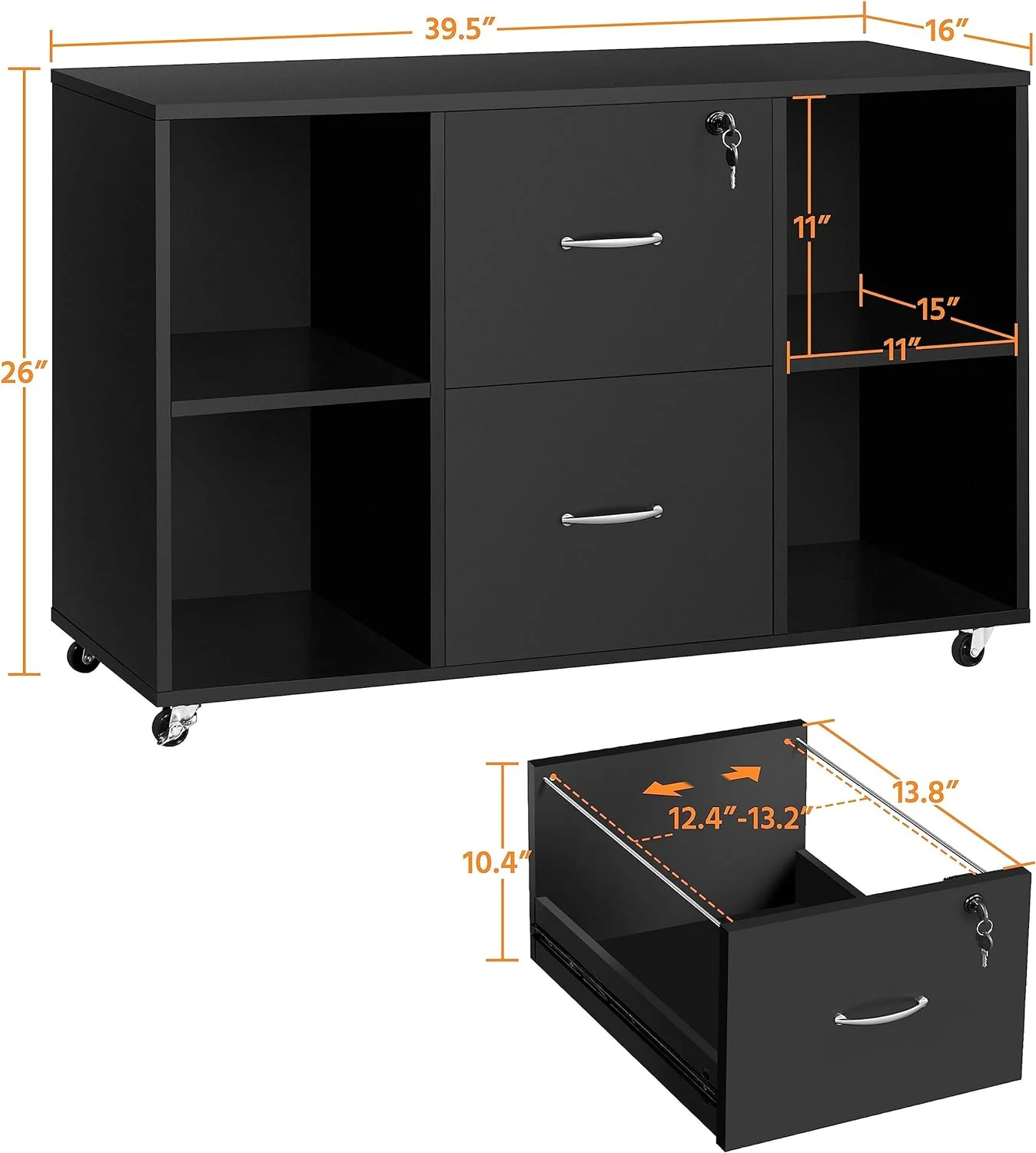 Black Filing Cabinet Large Mobile Storage Lateral Filing Cabinet with 2 Drawer and 4 Open Compartments,for Letter Size A4 Size, Printer Stand for Home Office, Black - Curated Treasures Market
