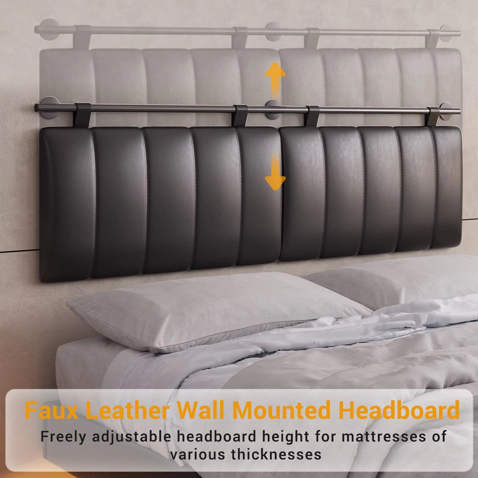 ADORNEVE Queen Floating Bed Frame with LED Lights and Wall Mounted Headboard, Modern Faux Leather Upholstered Platform Bed Frame, No Box Spring Needed, Black