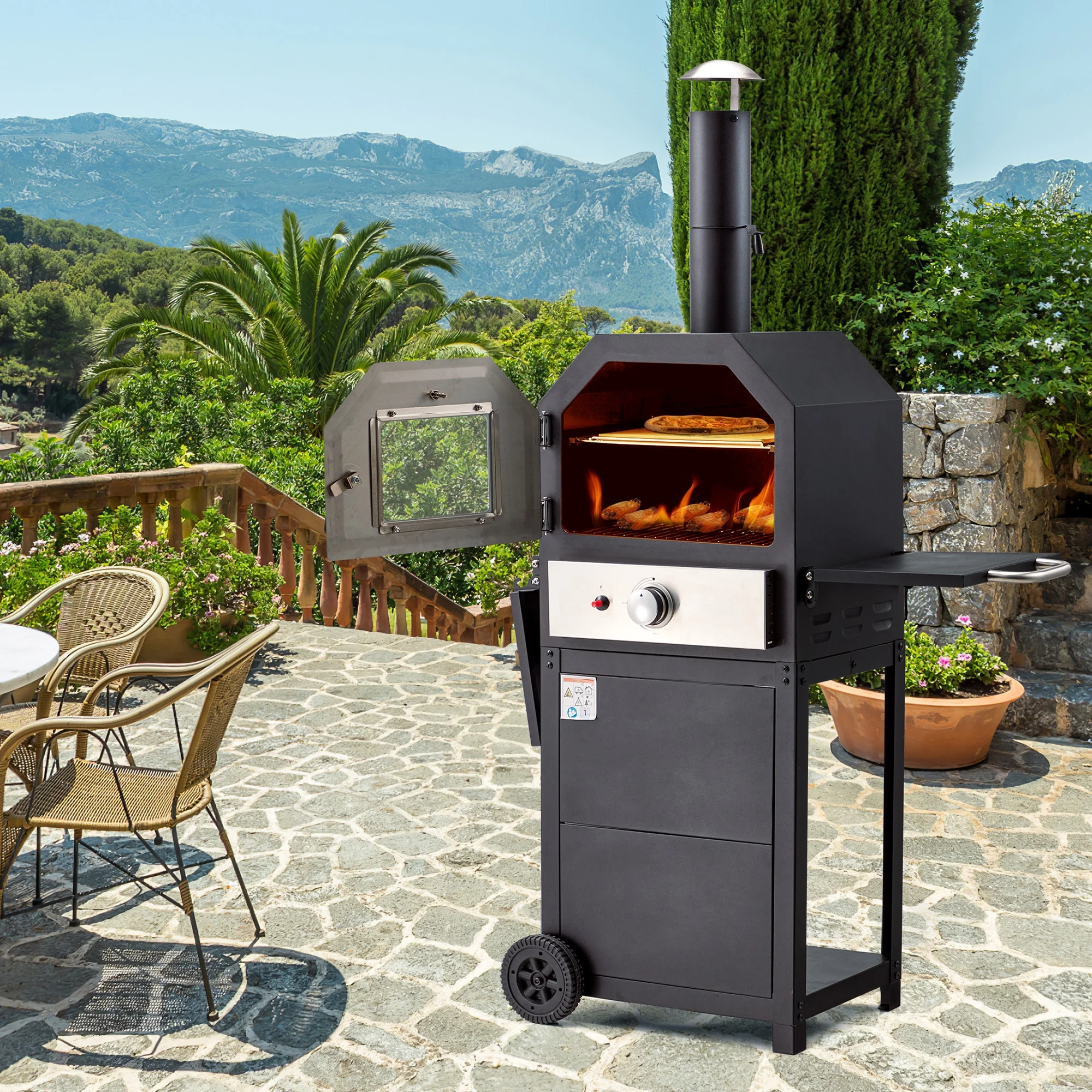 Vicluke 12" Propane Gas Pizza Oven, CSA Approved Portable Pizza Oven with 2 Foldable Shelves and Wheels, 2-Layer Smokeless BBQ Oven for Outdoor (Propane Tank excluded）