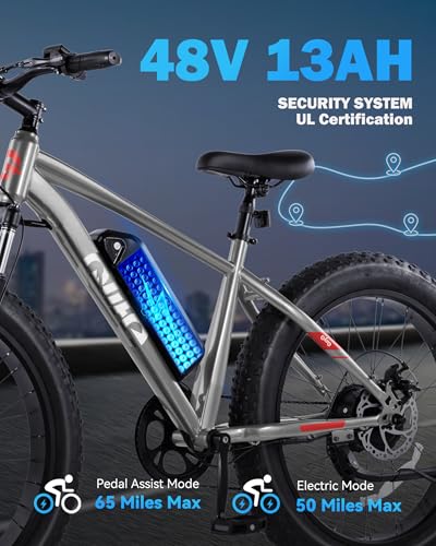 Racer Plus Adult Electric Bicycle, Peak 1000W Motor Electric Bike for Adults, Up to 28MPH 65Miles, 26x4.0 Fat Tire Electric Mountain Bike with 48V 13AH Battery, 7 Speed Front Suspension E Bike