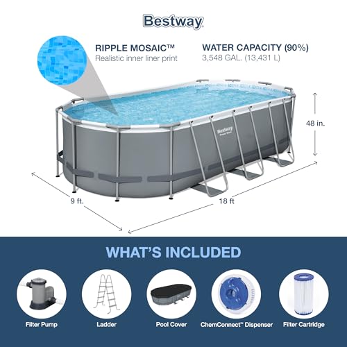 Bestway Power Steel 16' x 10' x 42" Rectangular Metal Frame Above Ground Swimming Pool Set with 1000 GPH Filter Pump, Ladder, and Pool Cover