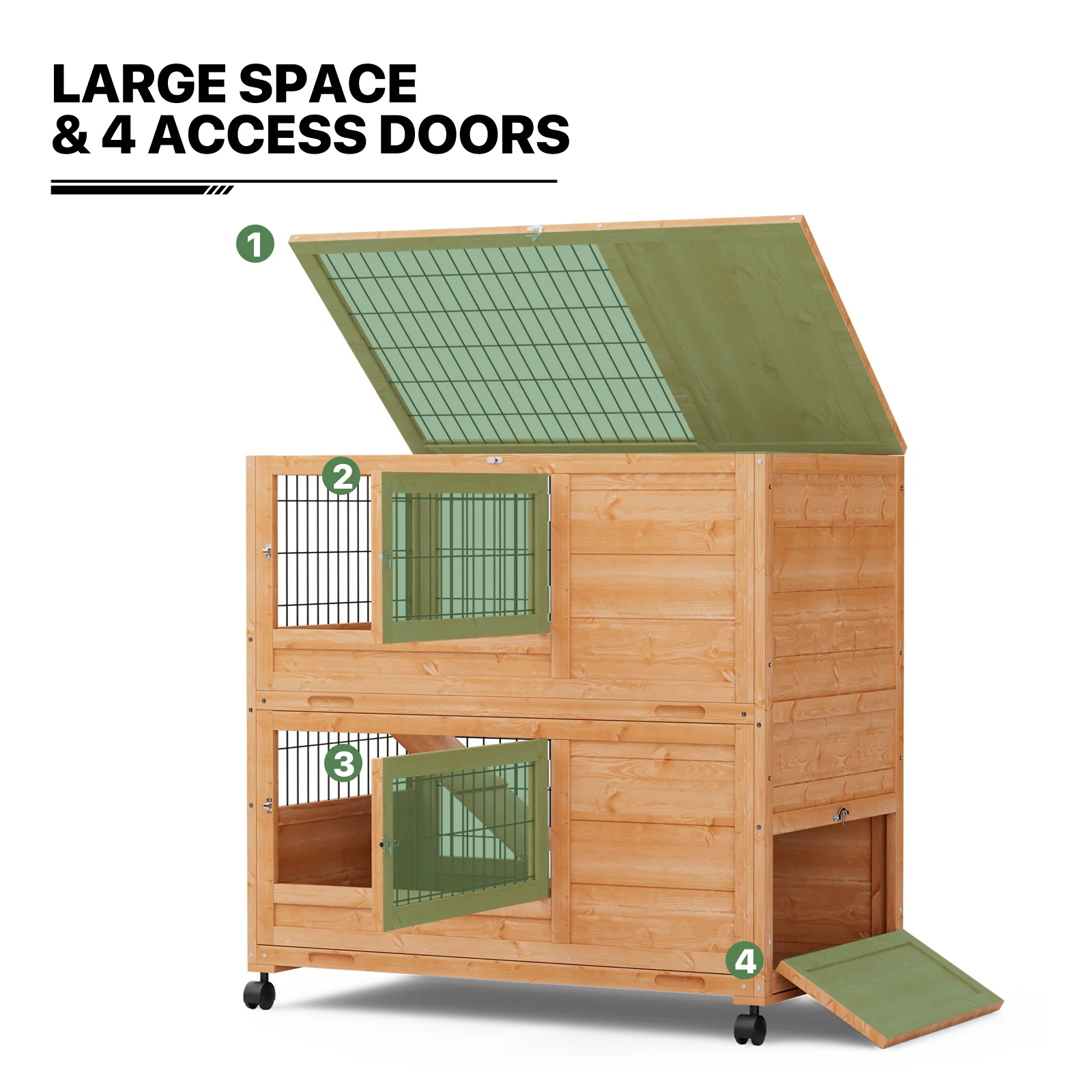 MoNiBloom 35.5" Wooden Rabbit Hutch w/2 Slide-Out Trays, Anti-Slip Ramp Bunny Cage w/4 Wheels, Natural - Curated Treasures Market