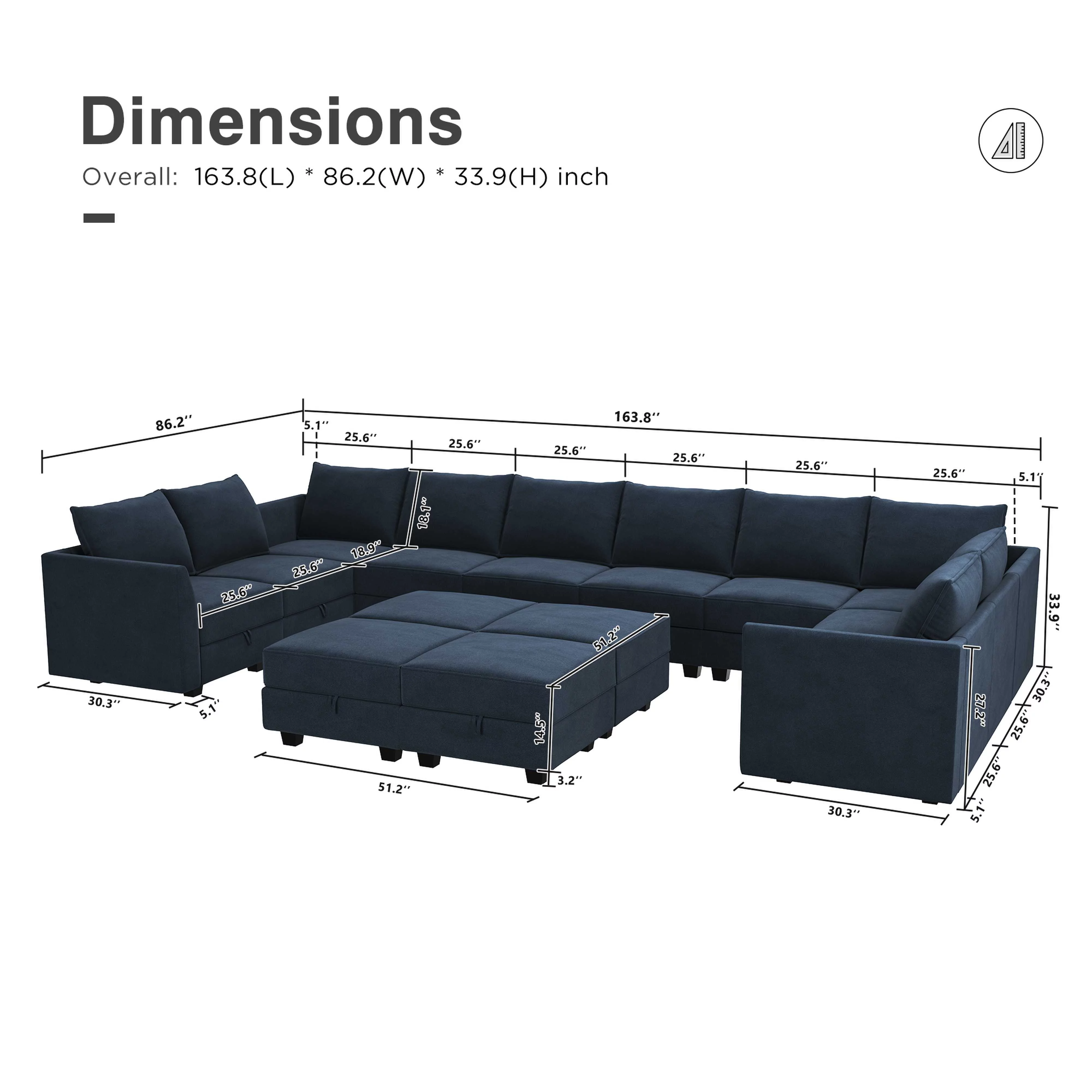 HONBAY Velvet Large Living Room Furniture Sofa Sleeper Bed Couch Set, Navy Blue