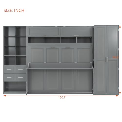KLMM Wooden Murphy Bed Wall Bed with 2 Wardrobe and Storage Shelf,Foldable Platform Bedframe for Guest-Room Bedroom Study Office Use (White#E, Full)