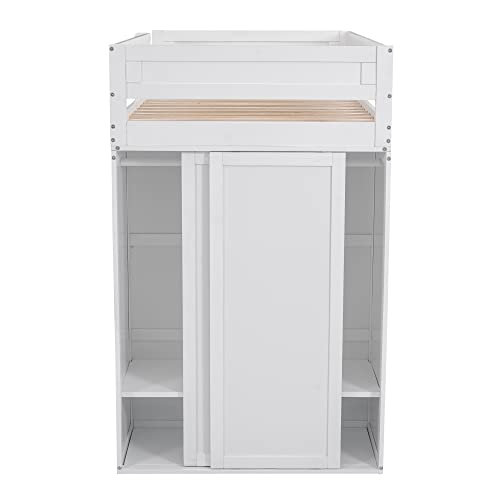 Full Size Loft Bed with Storage Wardrobe and Desk Wooden Loft Beds Frame with Drawers and Cabinet Wood High Loft Beds with Ladder for Kids Teens Adults, White