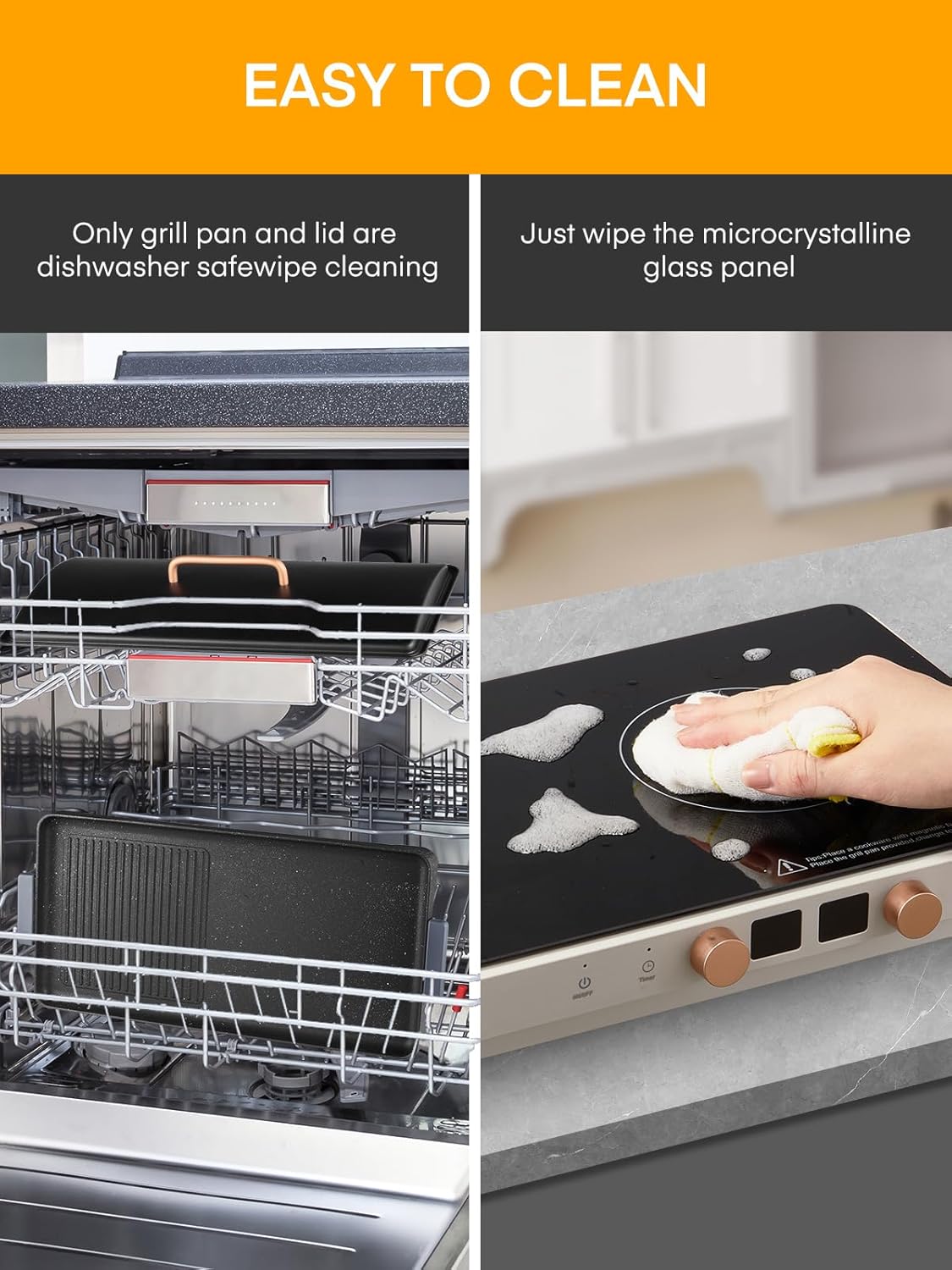 FOHERE Double Induction Cooktop with 2 Burners, 1800W Portable Cooktops with Removable Iron Cast Griddle Pan Non-stick, Independent Temperature Control, Sensor Touch, 8 Power Levels, 99 Min Timer