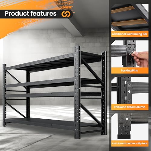 71” W Storage Shelves Heavy Duty, 5000LBS Metal Garage Shelving Units, 4 Tier Storage rack shelf, Steel Industrial Shelving , Adjustable Standing Shelf for Basement/Warehouse 71"W x 24"D x 70"H, Black