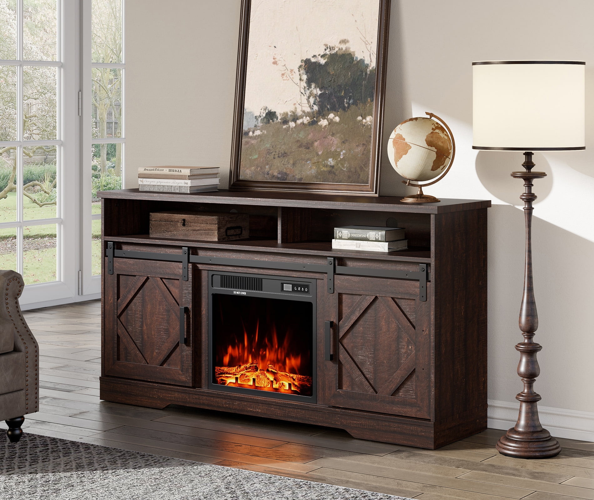 Farmhouse Electric Fireplace TV Stand for TV's up to 65 inch,Brown