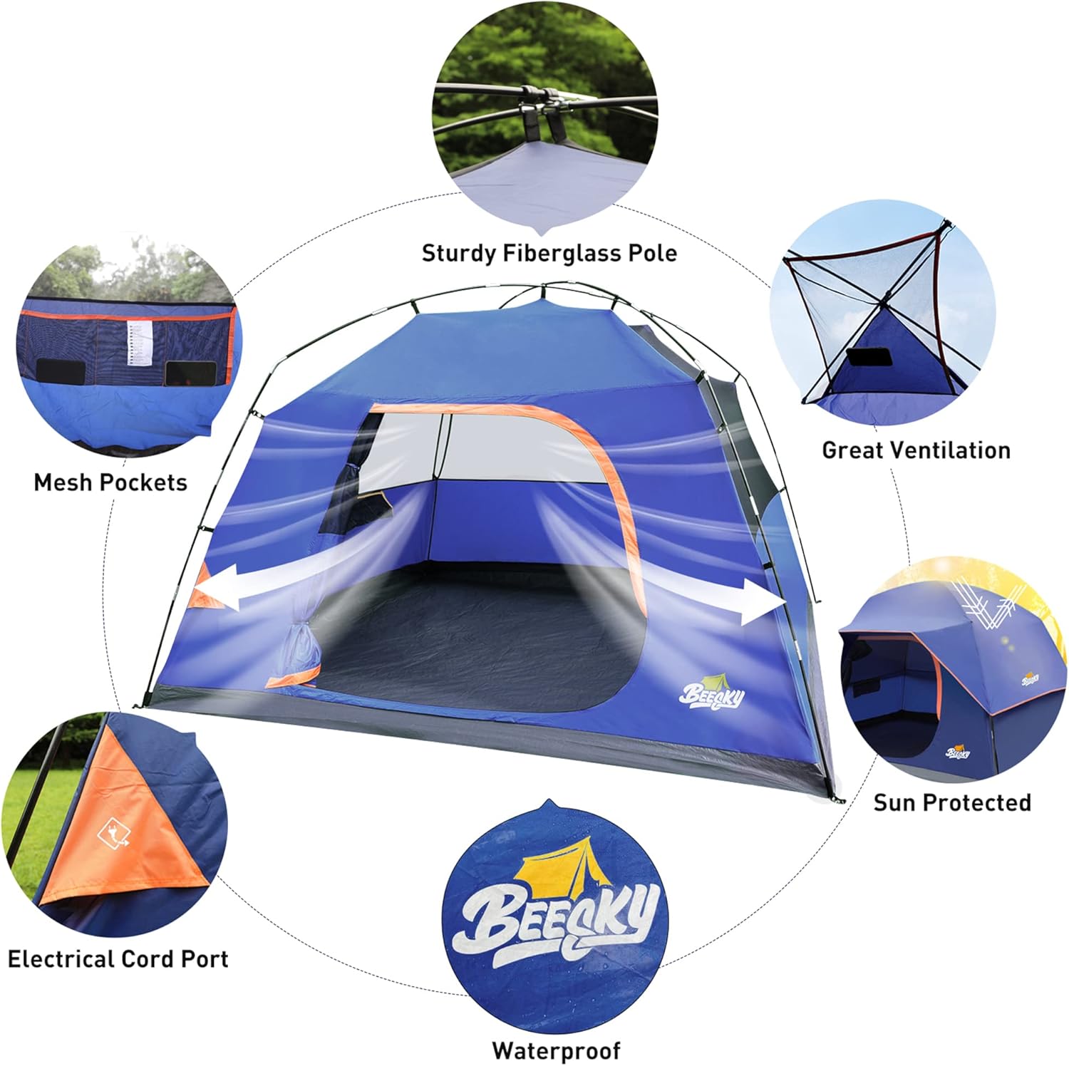 Beesky Waterproof Camping Tents 4 Person Windproof Family Tent with Removable Top Rain-Fly, Large Mesh Windows, Easy Set Up, Portable Carry Bag