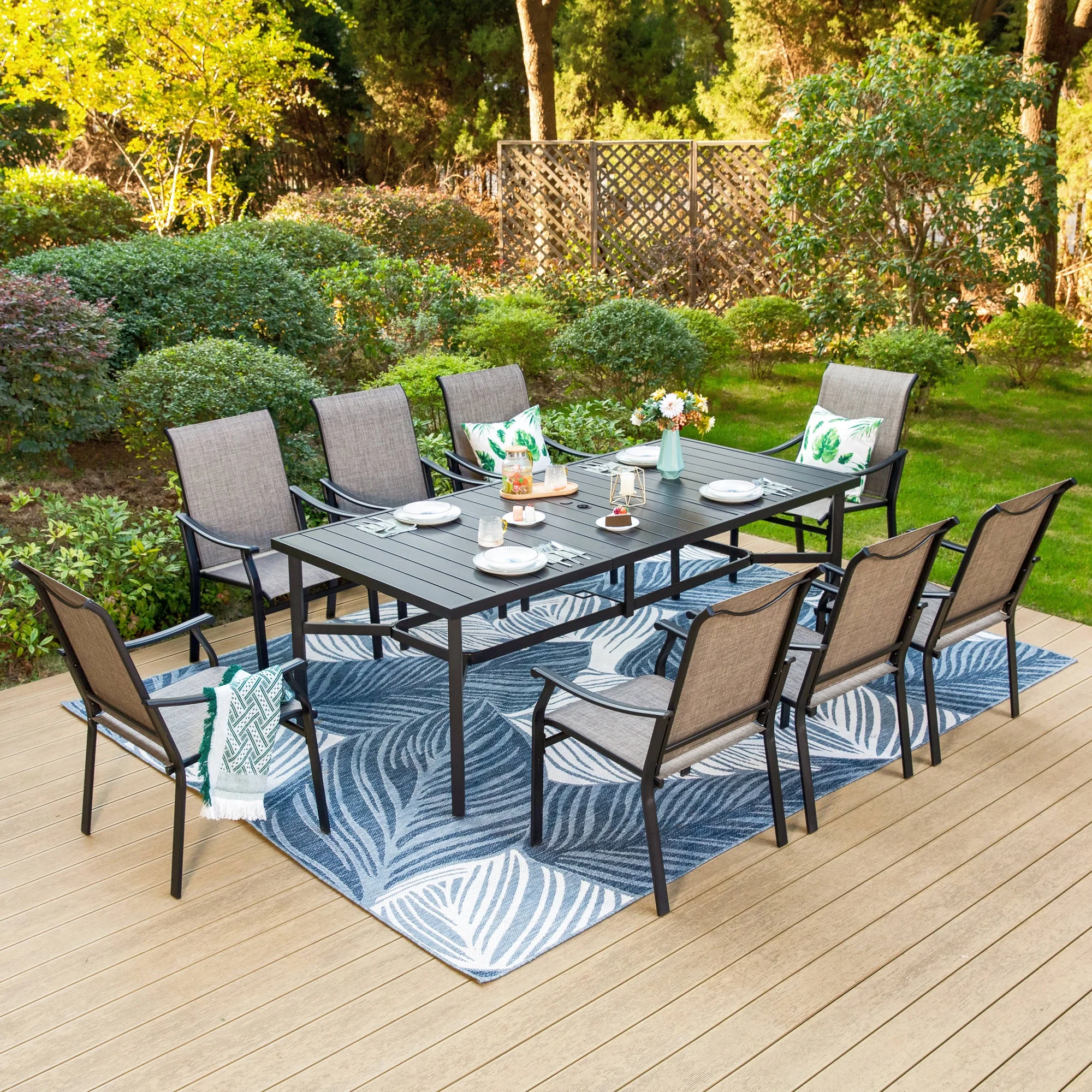 MF Studio 9-Piece Outdoor Dining Set with High-Back Sling Chairs & Large Table for 8-Person, Black & Gray