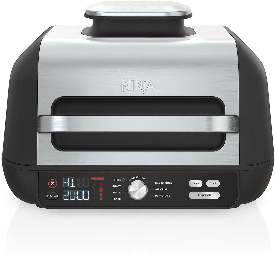 Ninja IG601 Foodi XL 7-in-1 Electric Indoor Grill Combo, use Opened or Closed, Air Fry, Dehydrate & More, Pro Power Grate, Flat Top Griddle, Crisper, Black, 4 Quarts