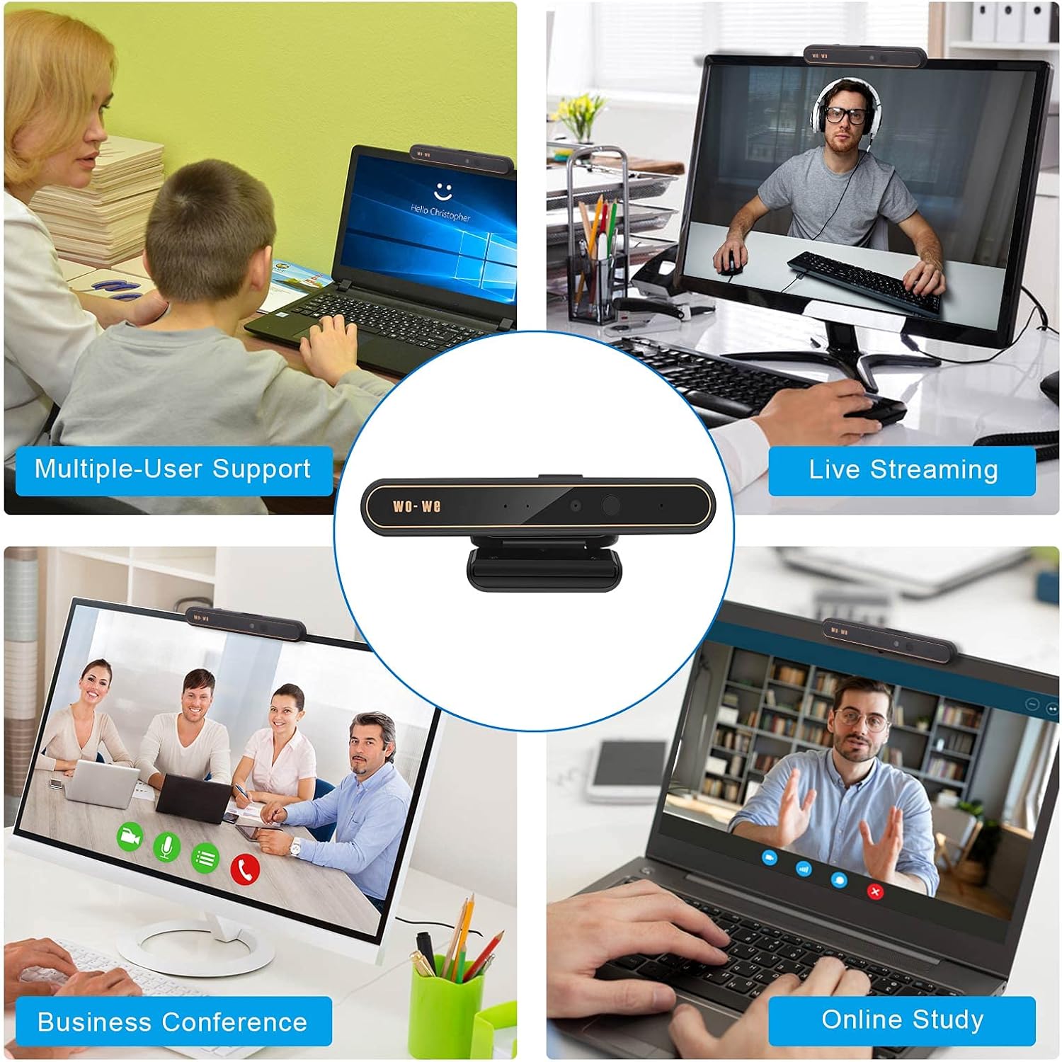 wo-we Windows Hello Face Recognition Webcam for Instant Login with Windows 10, Anti-Hacking with Privacy Switch, 1080P Business IR Webcam with Dual Microphones Used for Online Conference Pack of 2