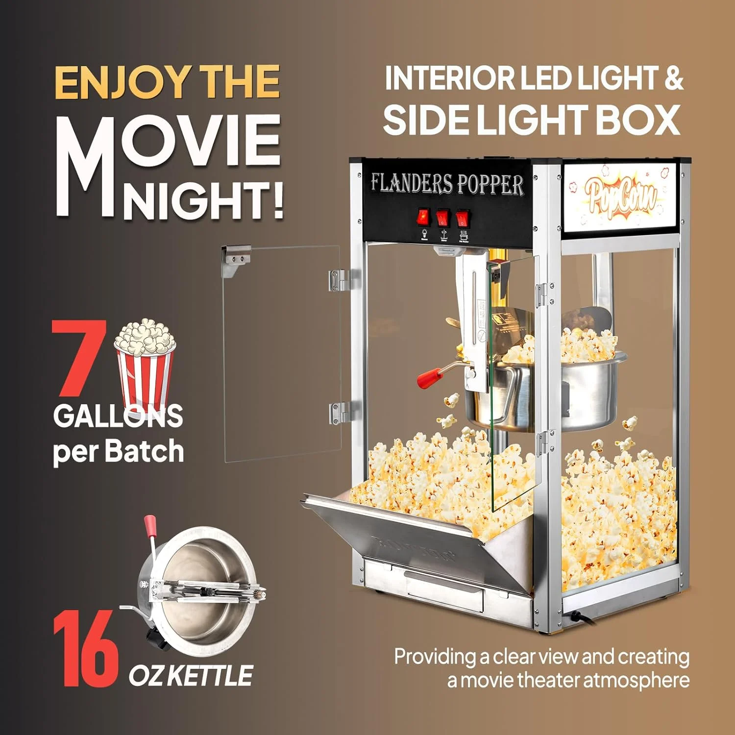 ROVSUN Popcorn Machine with 16 Ounce Kettle, Countertop Popcorn Maker Commercial Popcorn Machine w/ Stainless Steel Scoop, Oil Spoon & 3 Popcorn Cups for Home Movie Theater, Black