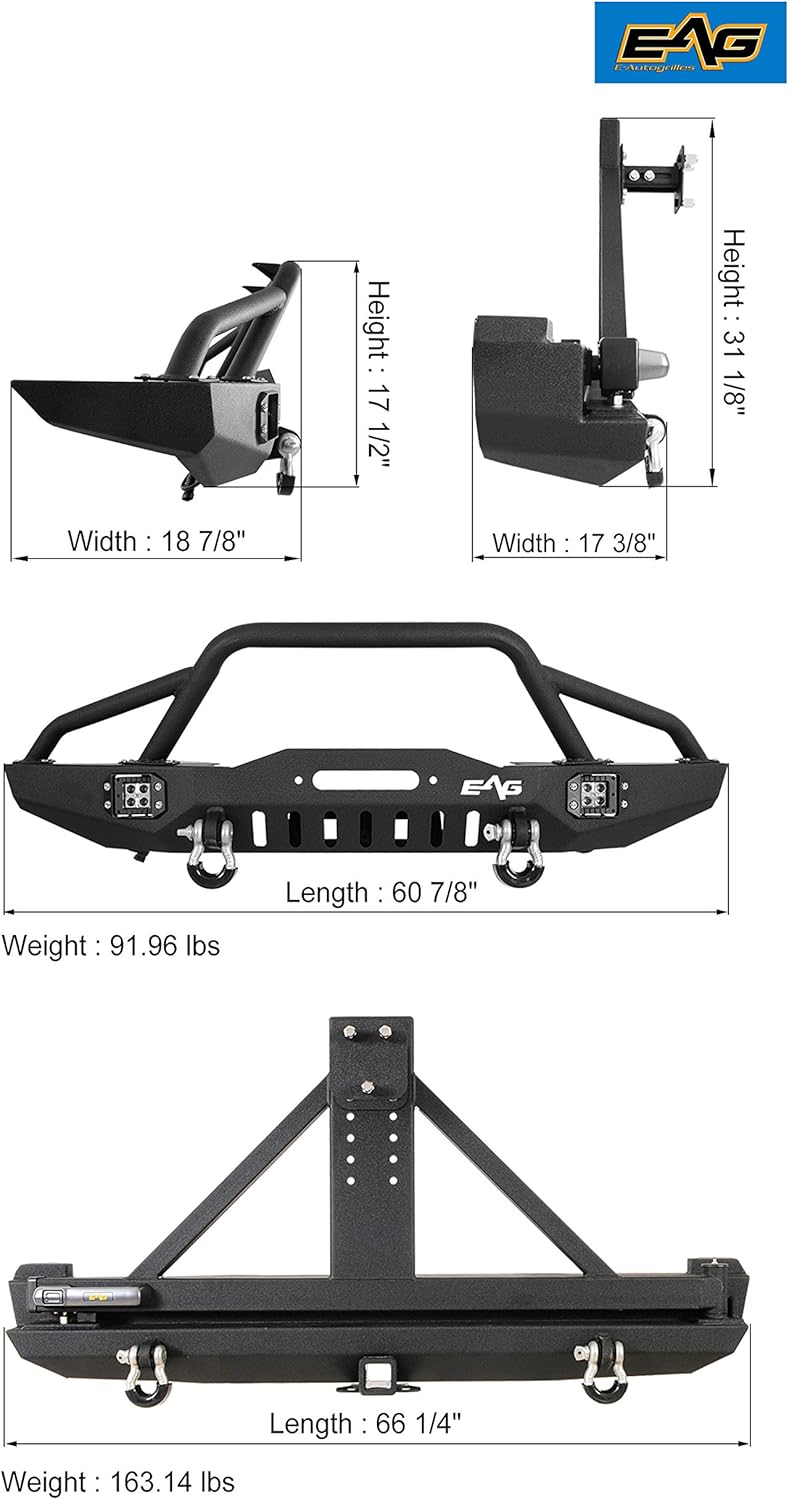 EAG Steel LED Front and Rear Bumper with Tire Carrier Fit for 84-01 Cherokee XJ