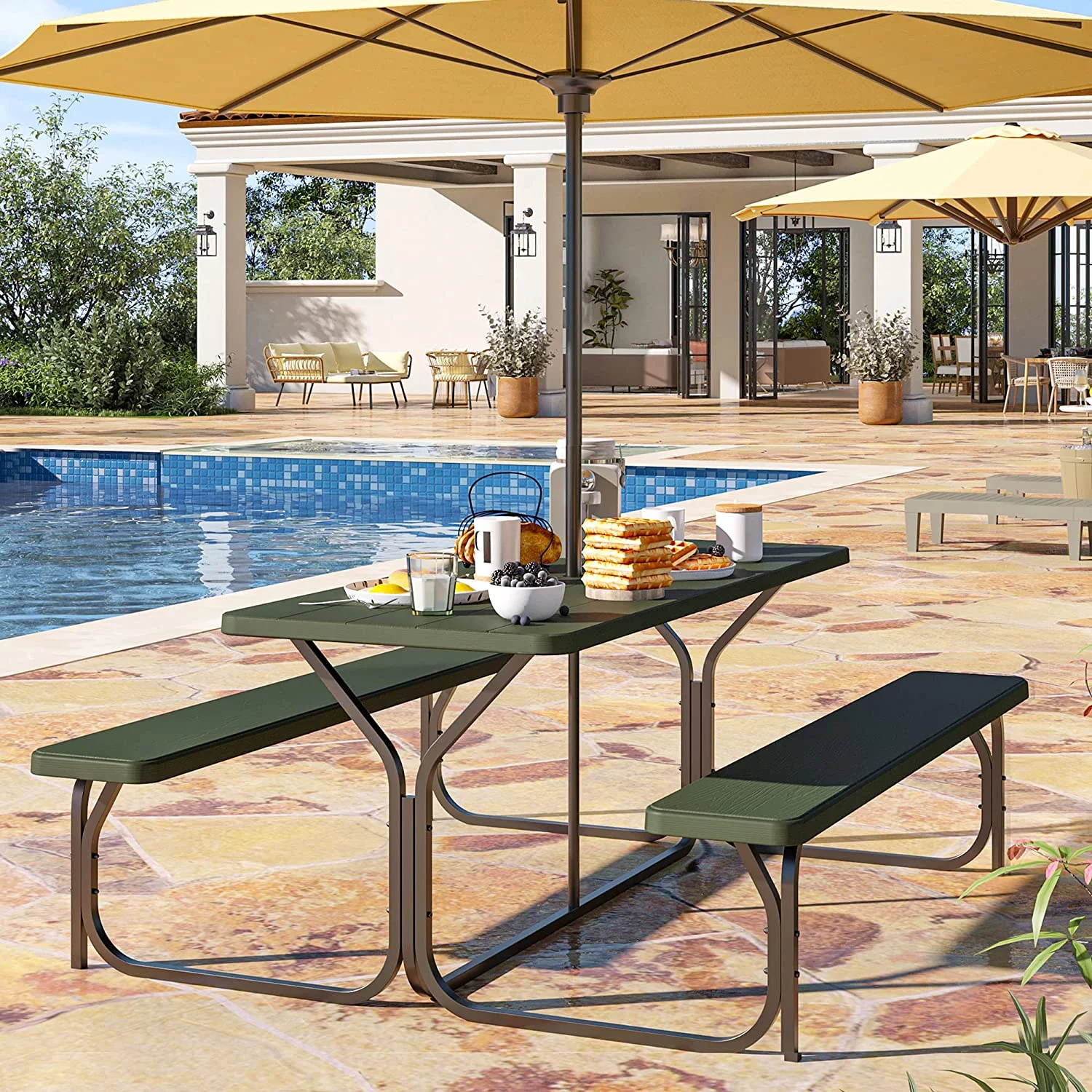 DWVO Picnic Table 6ft Heavy Duty Outdoor Picnic Table and Bench Resin Tabletop & Stable Steel Frame w/Umbrella Hole for Yard Patio Lawn Party Green