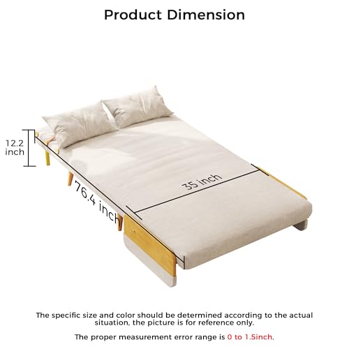 3-in-1 Convertible Chair Bed Sleeper for Adults, Linen Convertable Sleeper Chair with Wooden Arms & Pillows, Foldable Single Futon Sofa Bed (Mid Century with Walnut Arm, 36.6" Wide)