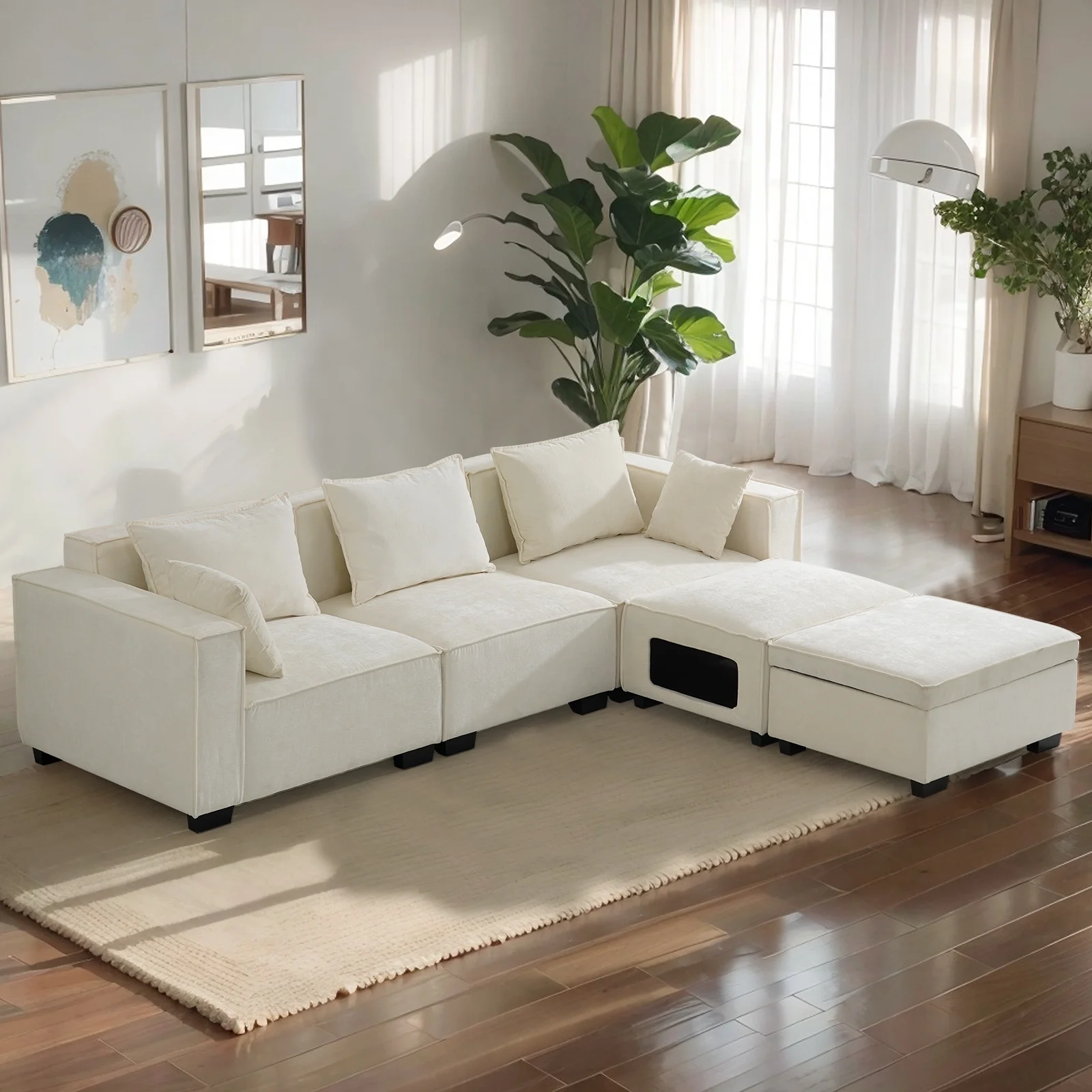 THLAND Modular Sectional Sofa with Cathole Ottoman Storage Footstool，U Shaped L Shaped Couch , 108" Width, 5 Seat for living room Apartment,Ivory